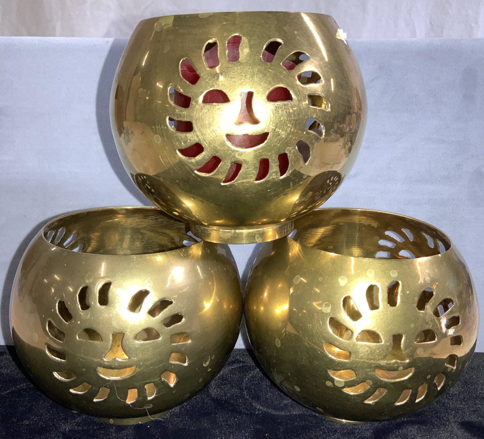 Set 3 Brass Candle Holders w Pierced Sun, India (1 of 6)