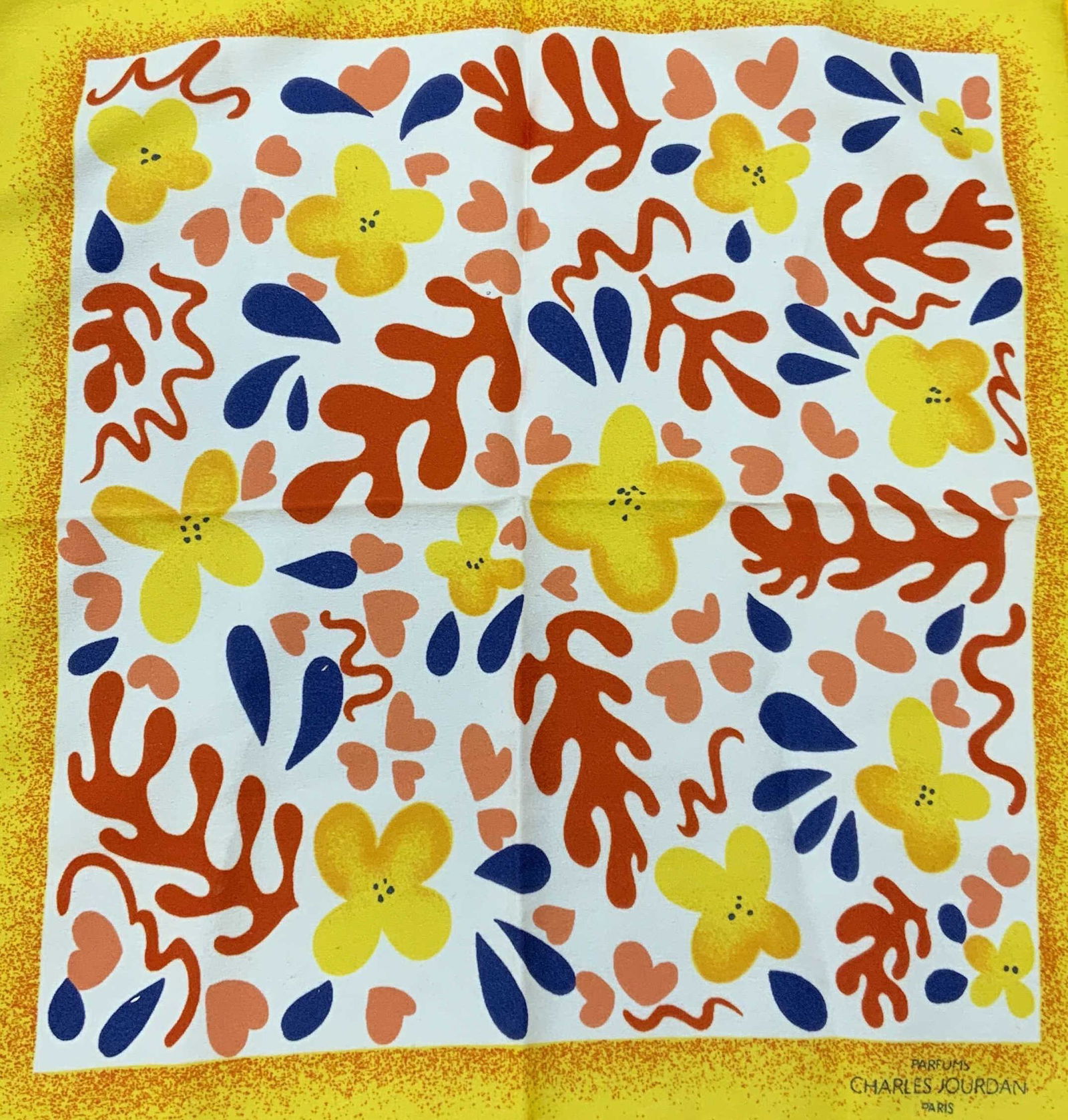 CHARLES JOURDAN Yellow Silk Botanical Handkerchief: Charles JOURDAN yellow botanical motif handkerchief. Material feels like silk. Designer label to lower right corner. In good condition. Measures approx. 10.5 x 11 inches. Charles JOURDAN, Charles JOUR