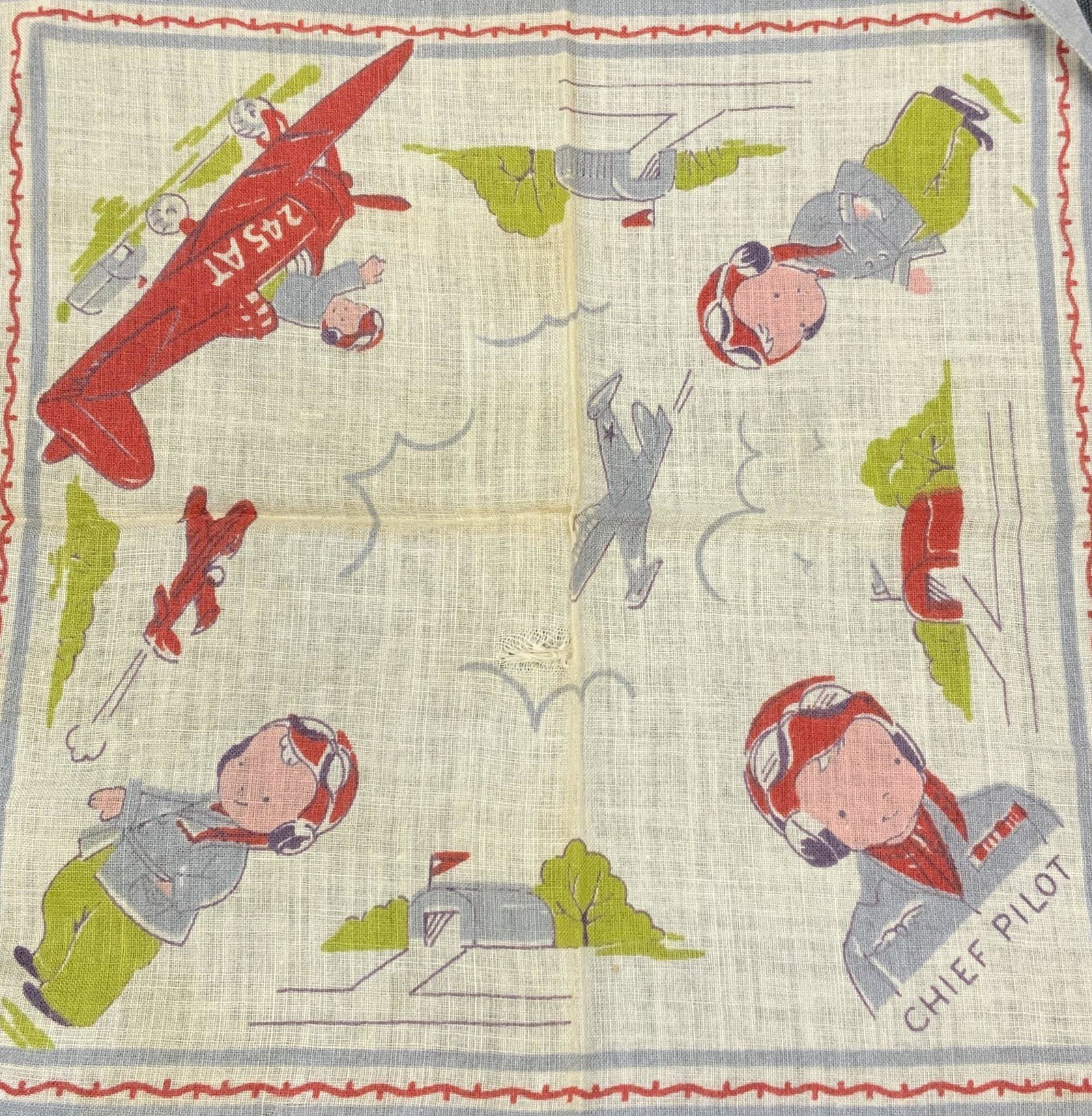 Vintage Chief Pilot Printed Cotton Handkerchief: Vintage printed handkerchief with Chief Pilot figural & airplane motif. Some wear to fabric consistent with exposure. Material feels like cotton. Measures approx. 8 x 8.25 inches. Handkerchief, vintag