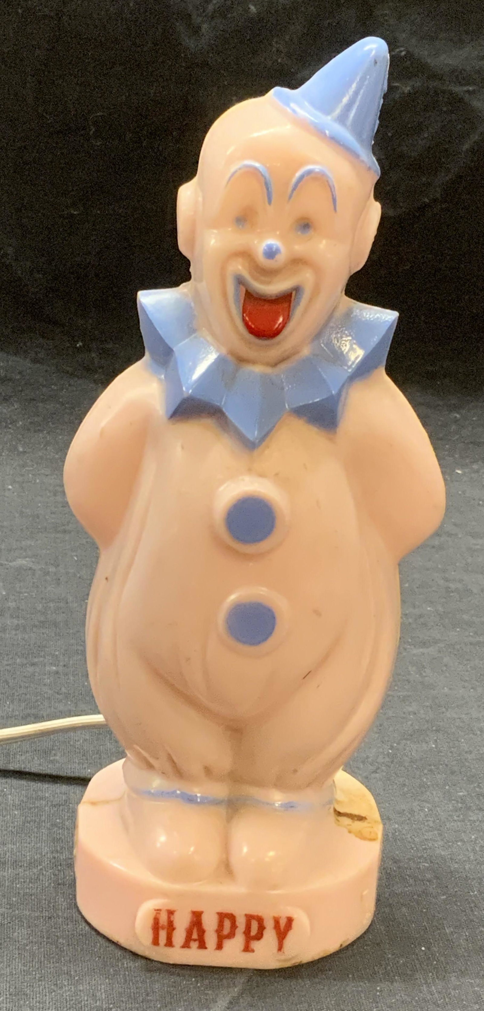 Vintage Lindex Happy Clown Coin Bank Nightlight: Vintage Lindex pink and blue Happy the Clown coin bank nightlight. Trademarked to underside. Not tested for function. Surface wear consistent with exposure. Measures approx. 3.25 x 2.75 x 7.5 inches. 