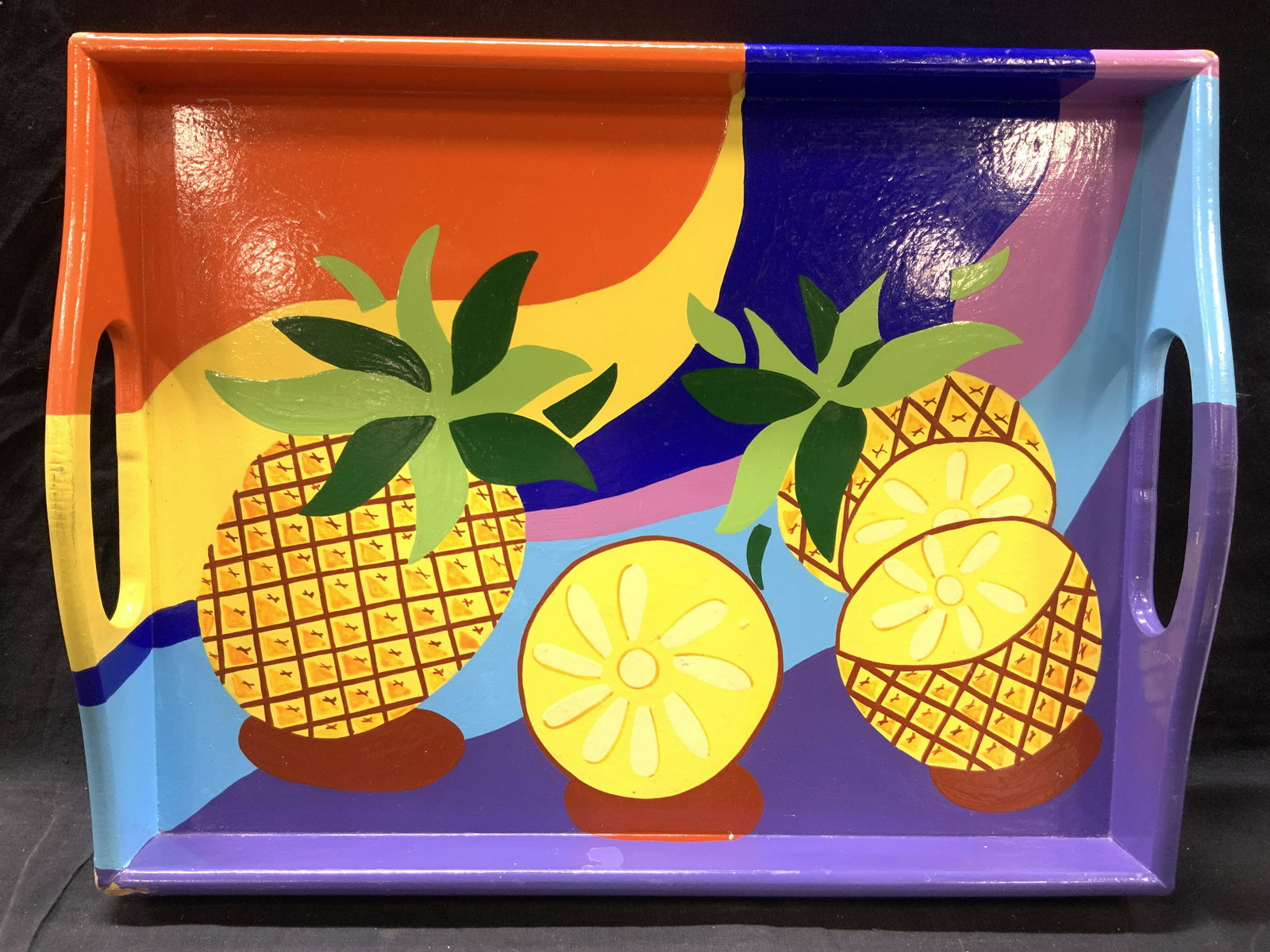 Signed Painted Pineapple Wooden Tray, Izamal (1 of 11)