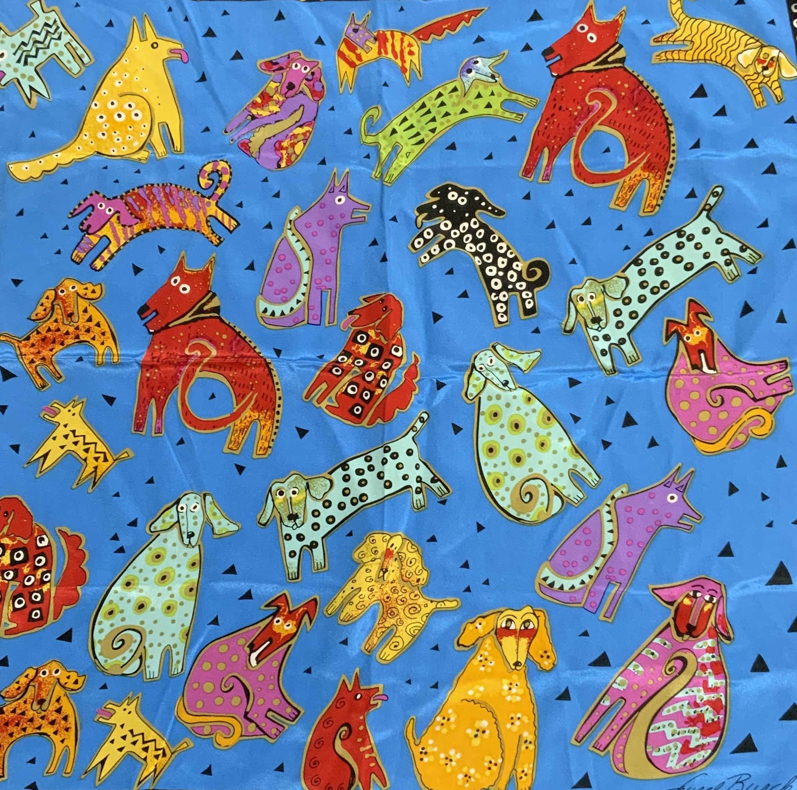 LAUREL BURCH Silk Dog Print Handkerchief NWOT: Laurel Burch silk Dog print handkerchief. Hues of blue, red, orange, and purple. Hand rolled edges. Measures approx. 20.5 x 20 inches. Designer label on tag and printed to lower right corner of handke