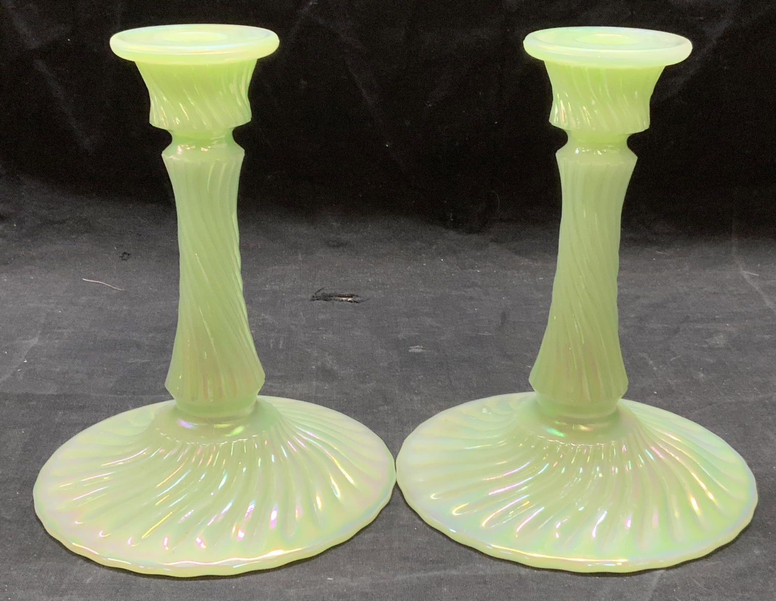 Pair Iridescent green Art Glass Candlesticks (1 of 7)