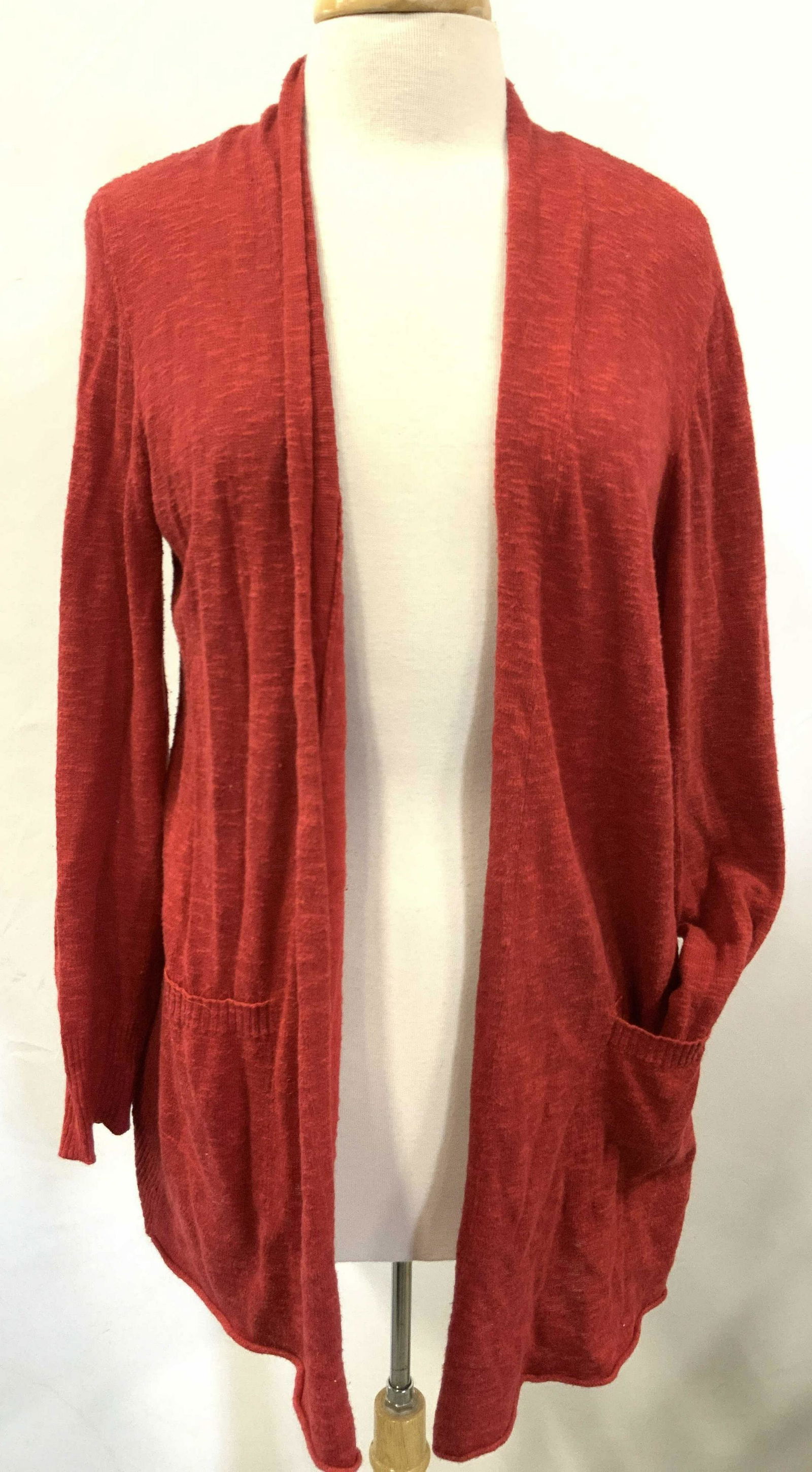 EILEEN FISHER Red Cardigan, Medium: Marked on label, Eileen Fisher, medium. 56% Linen, 44% cotton. Torso is approximately 31 inches long and 40 inches wide. Complete with front pockets. Sleeves are approximately 19 inches long. Evident