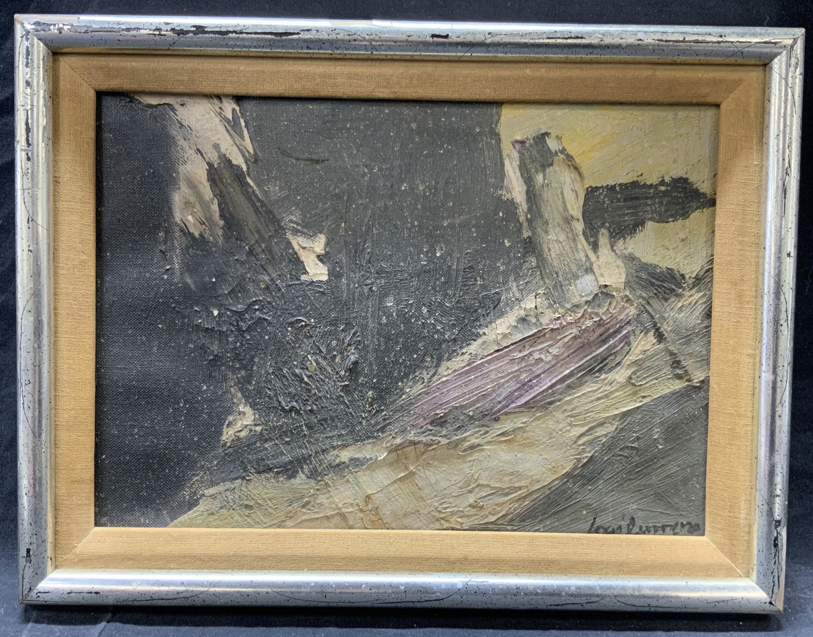 Signed Rurrero Abstract Painting: Signed on lower right corner, possibly reads Loui Rurrero Depicts an abstract painting consisting of streaks of various colors. Framed in silver and black speckled wooden frame with linen inner edges.