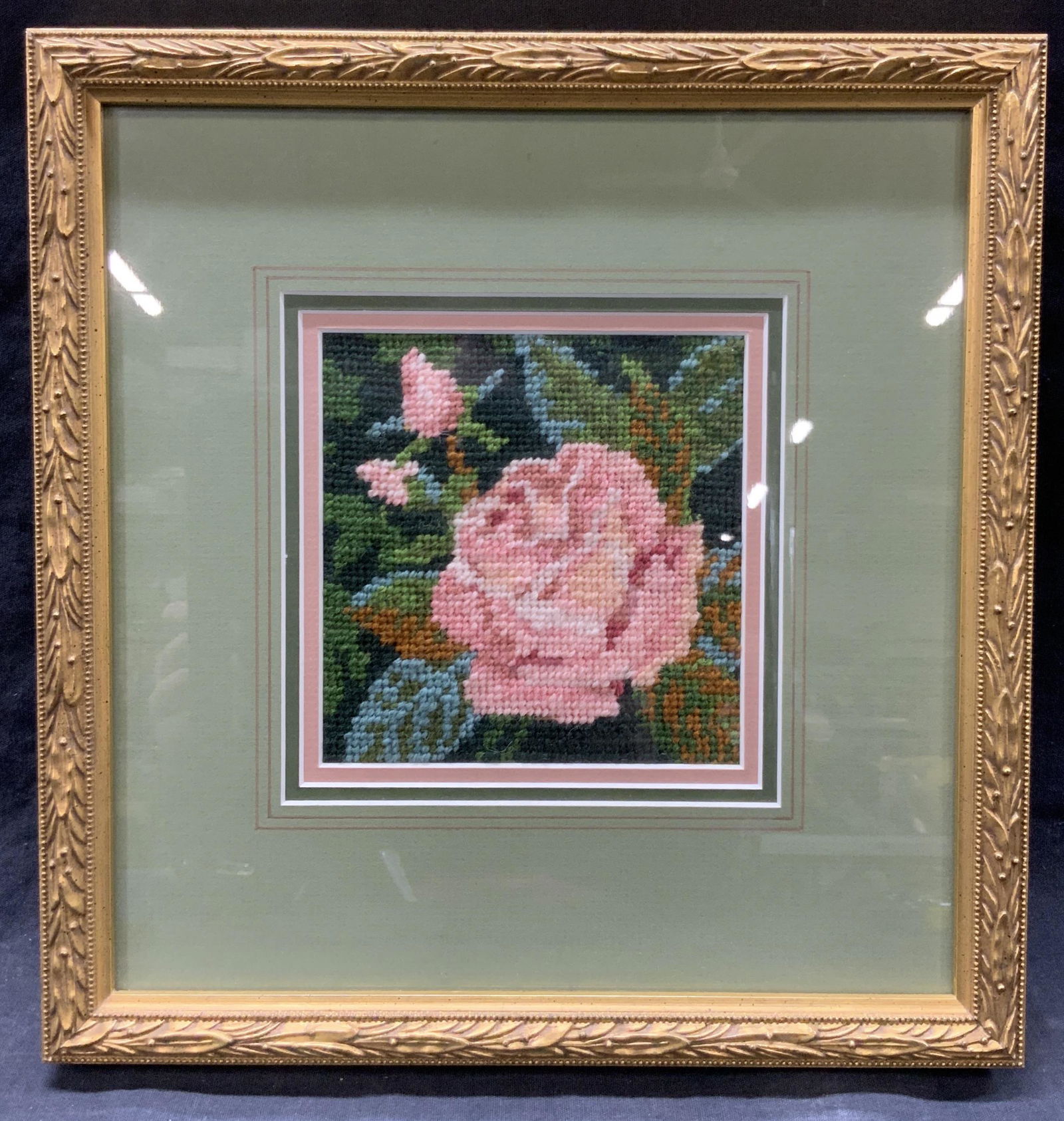 FITZ Signed Pink Rose Framed Needlepoint Artwork (1 of 9)
