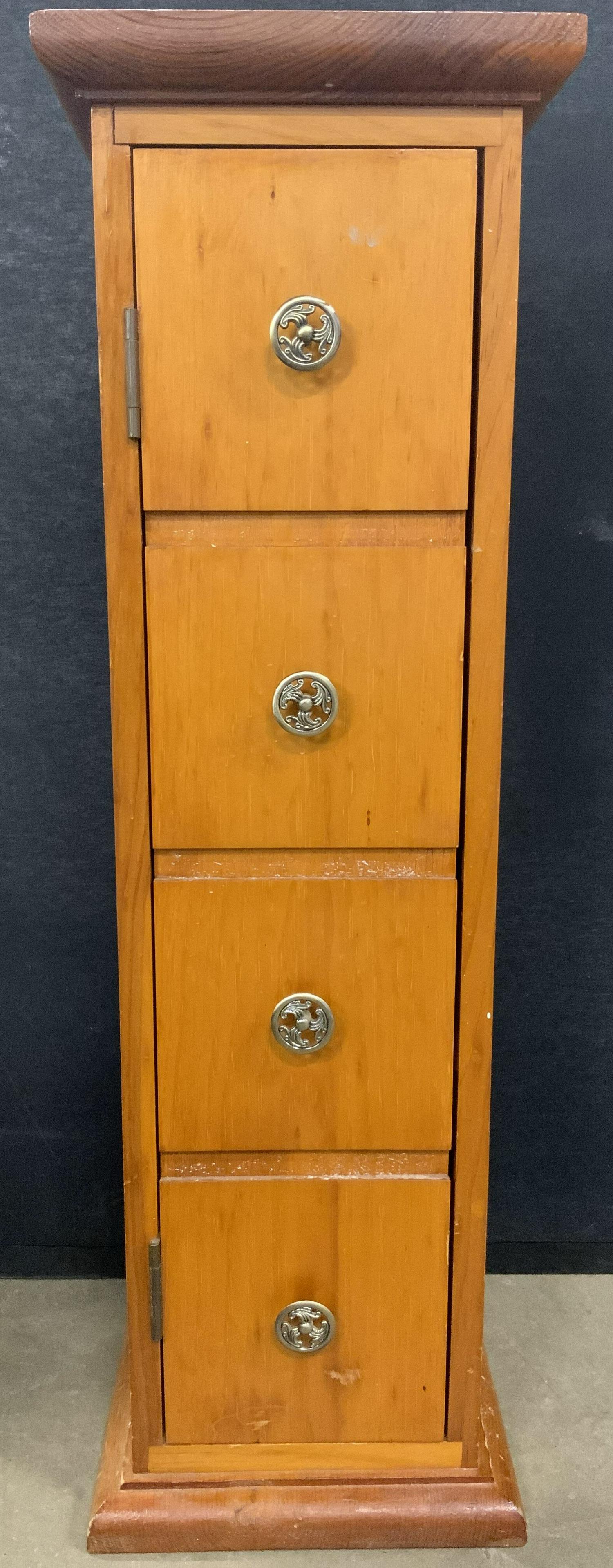 Vntg Slim Wooden Cabinet W Metal Knob Pulls: Cabinet is vintage, appears to be wooden, possibly veneer. Piece has 4 silver toned metal door pulls. Piece measures approx 34 inches tall 10.5 inches square. Wooden cabinet, vintage cabinet, slim cab