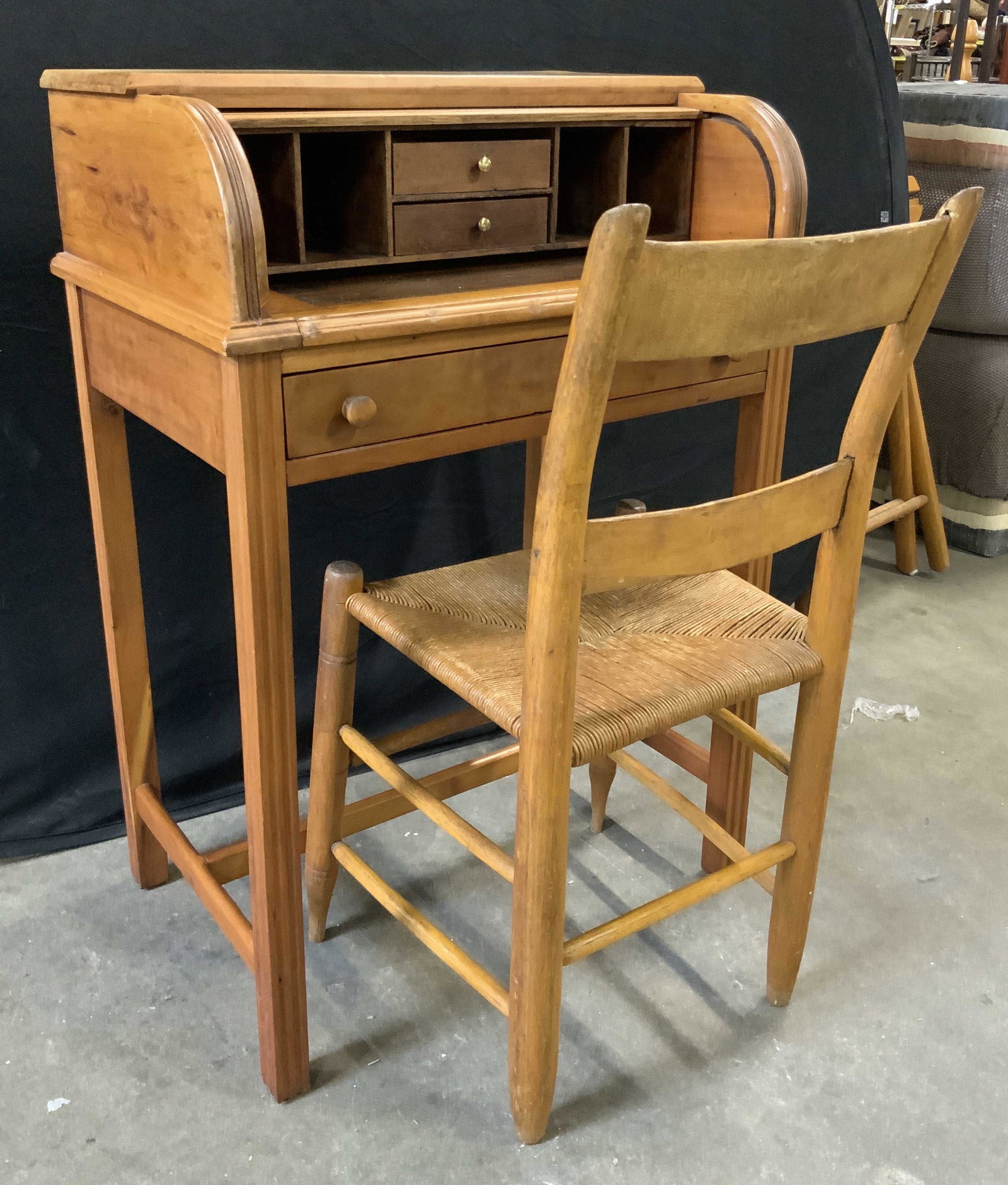 Vintage Wooden Roll Top Desk W/ Rush Seated Chair (1 of 11)