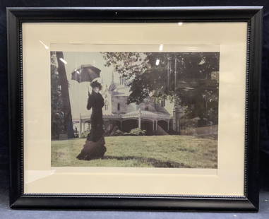 After SHEILA METZNER Lyndhurst Mansion Lithograph: After Sheila Metzner framed lithograph. Photograph from New Yorker Magazine Lyndhurst Mansion photo shoot. Subject depicts a woman in Victorian style dress with exterior view of Lyndhurst Mansion. Fra