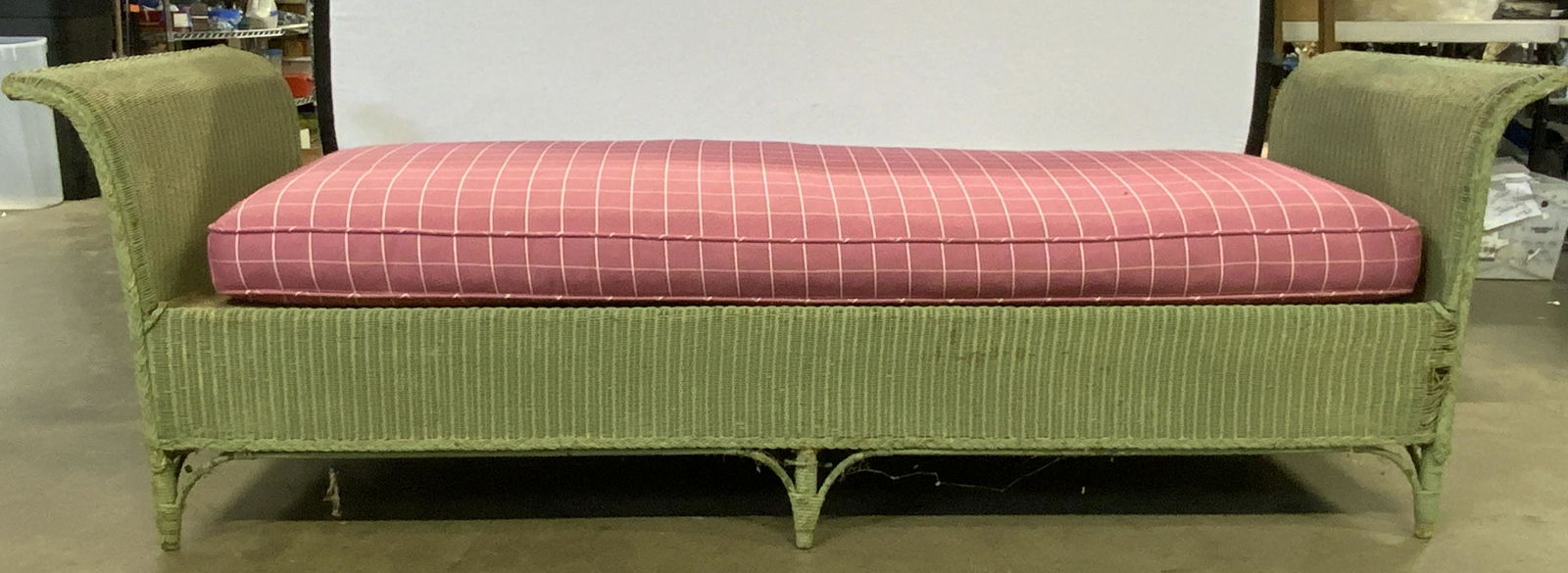 Outdoor Wicker Bench In Green W Pink Cushion (1 of 10)