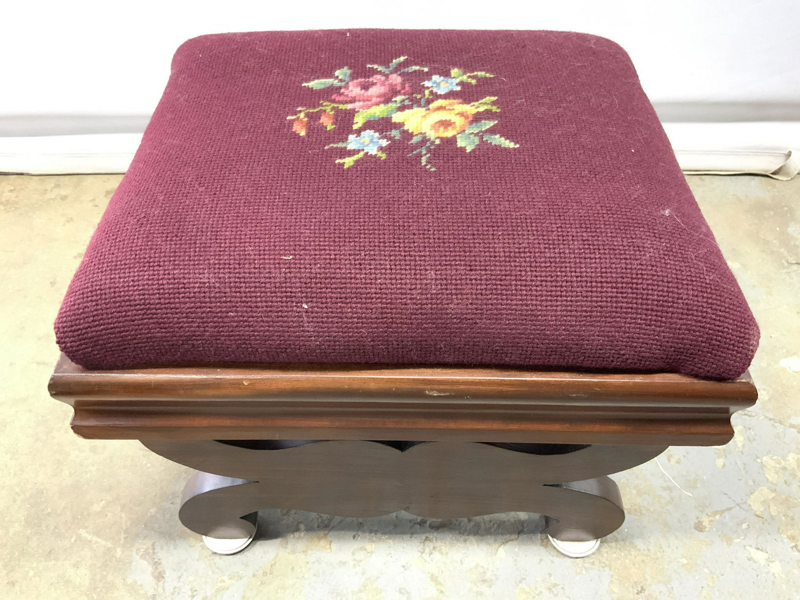 Vintage Wooden Needlepoint Upholstered Footstool (1 of 7)