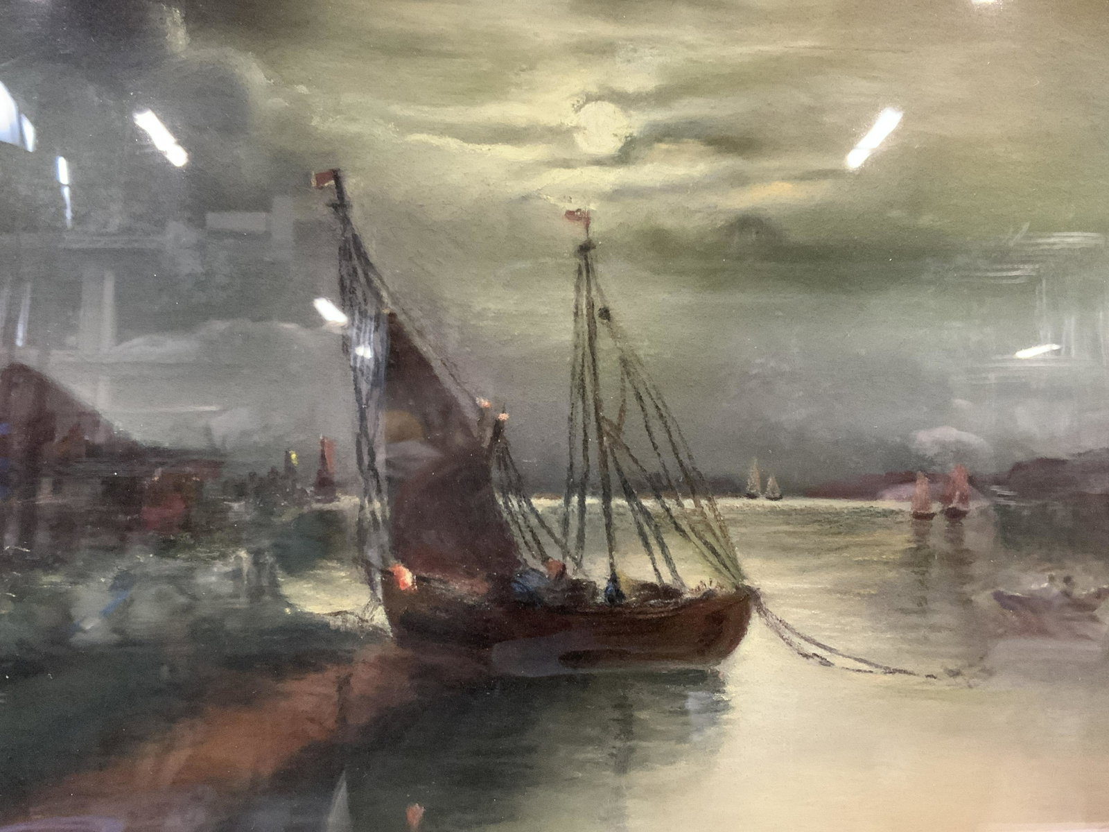 Anchored Boat At Night Fall Pastel Art: No discernible signature or hallmark, Subject depicts sail boat tied off in the water with a row boat next to it and a Dock in the distance with a glowing full moon peeking through the clouds. Framed 