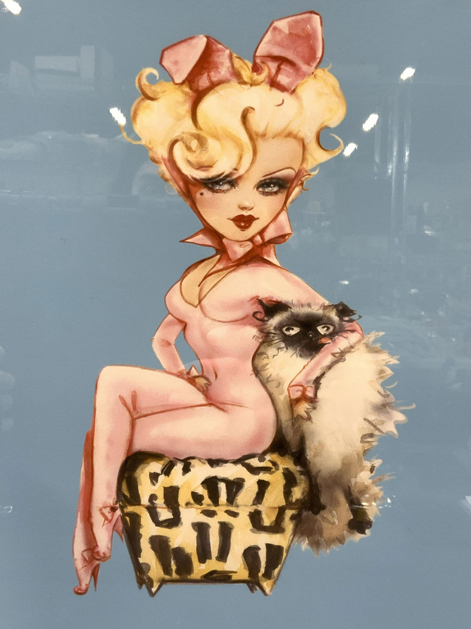 OLIVIA Signed Pin Up Girl W Cat Giclee Print: Signed on right side in graphite reading Olivia. Subject depicts a woman in a pink latex body suit seated in a leopard print ottoman, holding a gray fluffy cat on her arm. Floated in silver metal leaf