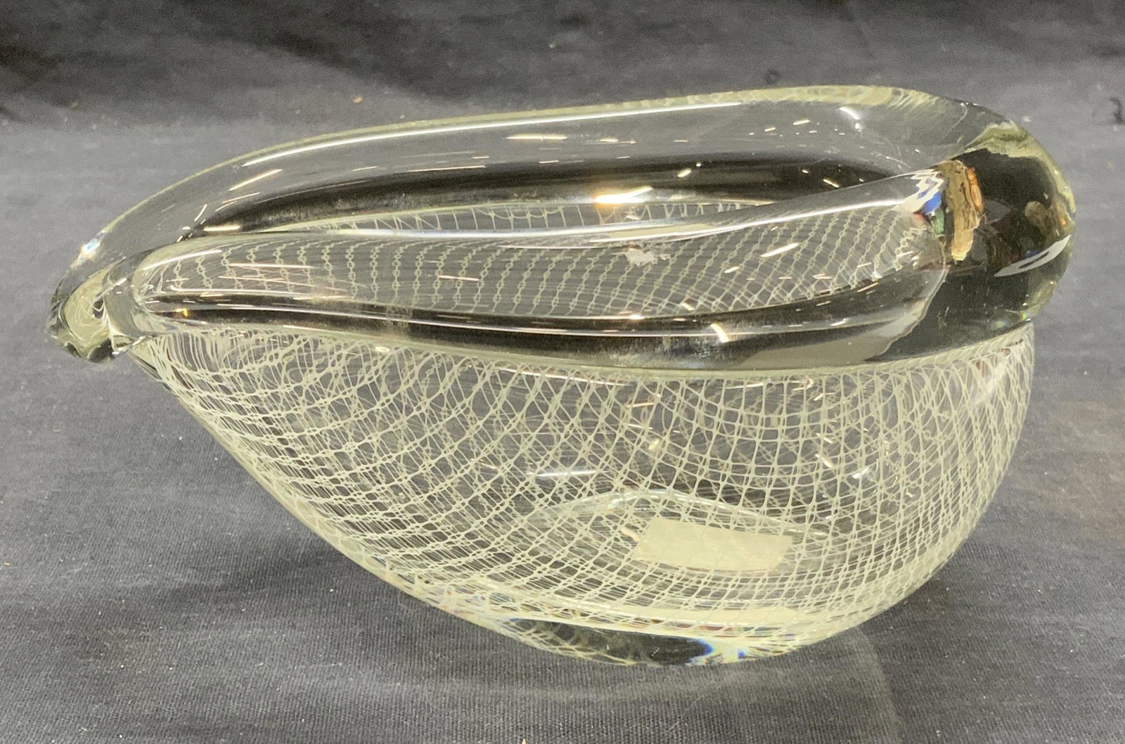 MCM HAARTIL MERLETTO Threaded Art Glass Vessel: Mid century modern HAARTIL MERLETTO transparent art glass vessel with white threaded pattern. Vintage circa 1960s. Made in Czech Republic. , Measures approx. 6.25 x 4 x 3 inches. Some surface wear con