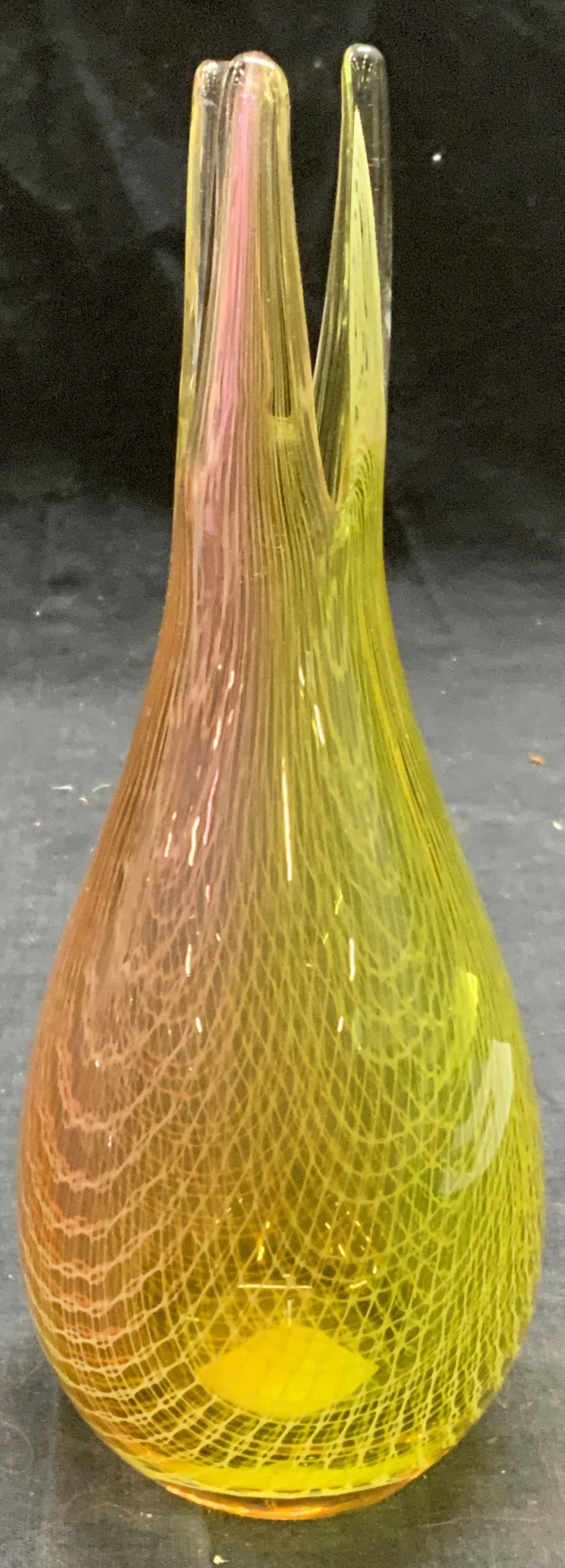 MCM HAARTIL MERLETTO Yellow/Orange Art Glass Vase: Mid century modern HAARTIL MERLETTO yellow/orange Art glass vase with threaded decoration. Made in Czech Republic. Vintage circa 1950s. Measures approx. 2.75 inches diameter and 8 inches tall. Some su