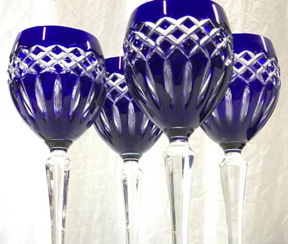 Set 4 Bohemian Cobalt Cut Crystal Goblets: Cobalt Blue cut to clear luxury bohemian stemware, diamond and linear pattern , glasses measure 8.5 in ht. 3.25 in wide. Weighted crystal, thick walled. Cobalt Blue Crystal Stemware, Cobalt Blue Bohem