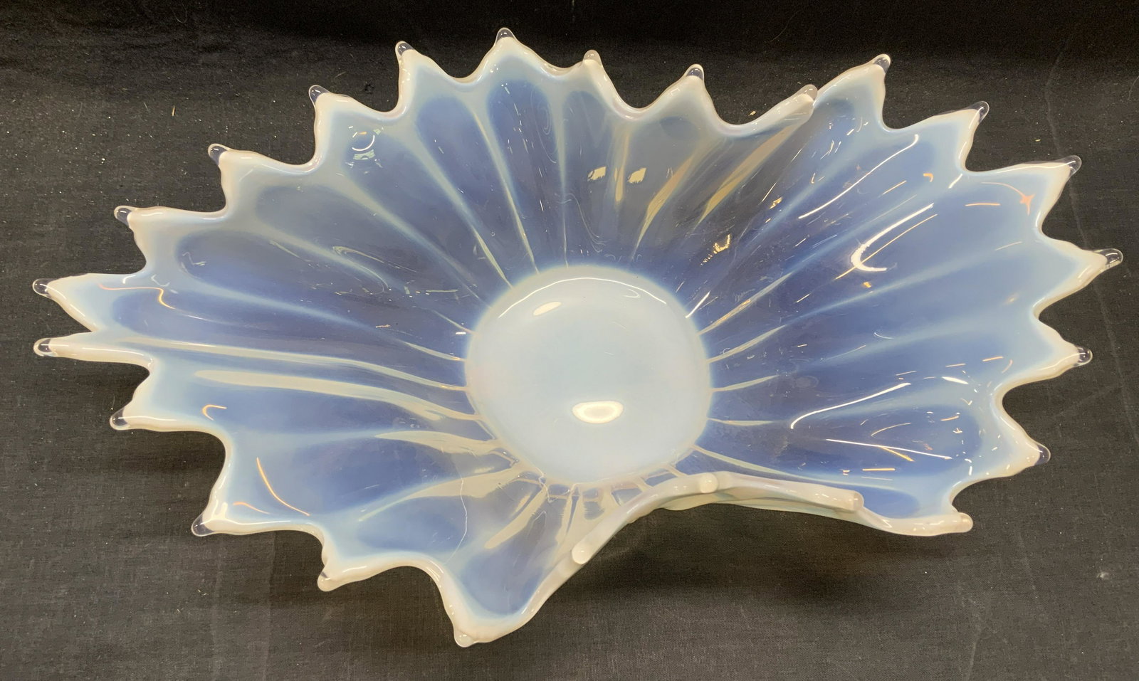 Opaline Pulled Art Glass Bowl: Opaline pulled art glass bowl. Measures approx. 15.5 x 9.5 x 5.25 inches. Some surface wear consistent with exposure. Art glass, Studio glass, art glass bowl, Opaline glass, decorative arts, table dec