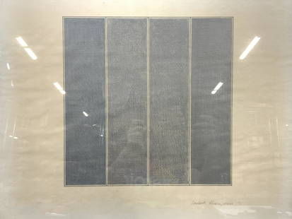 TAADAKI KAWAYAMA Signed Panel Graphite Drawing: Signed on verso Tadaaki Kuwayama, 71Depicts four graphite filled panels, resembling Kamayamas signature minimalist canvas panelsFramed in silver toned metal framed.Approximately 17. 75 x 23 inches, wi