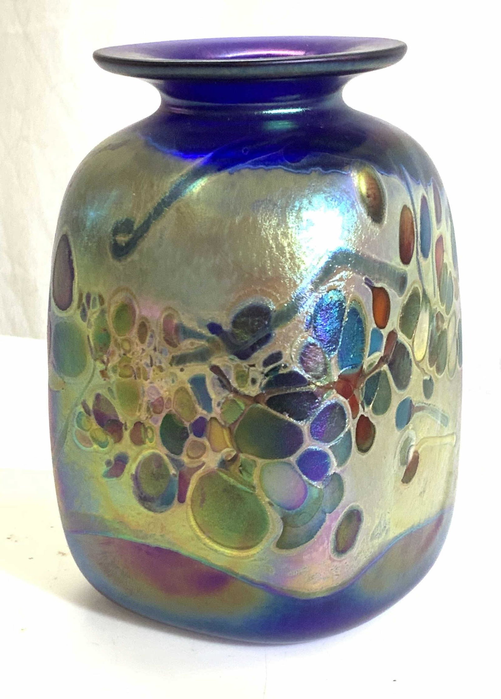 Signed Cobalt Iridescent Studio Blown Glass Vase (1 of 6)