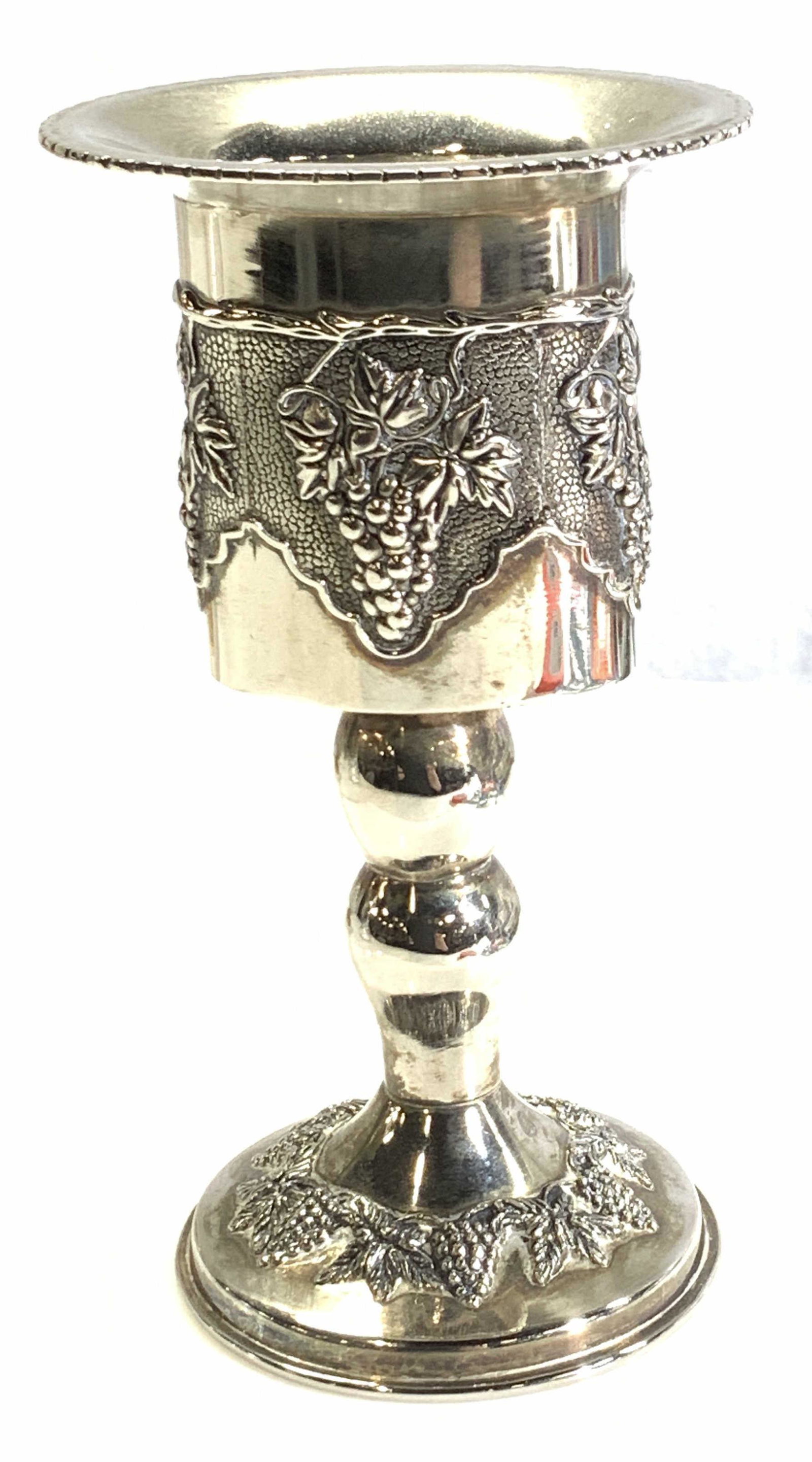 KARSHI Silver Plated Kiddush Cup: Signed KARSHI Silver Plated kiddush cup with grapevine and grape bunch motif in relief. 5 in. Ht, 2.75 in. x 2 in. oval goblet KARSHI kiddush cup, Jewish ceremonial prayer cup, Jewish Wine goblet Jewi