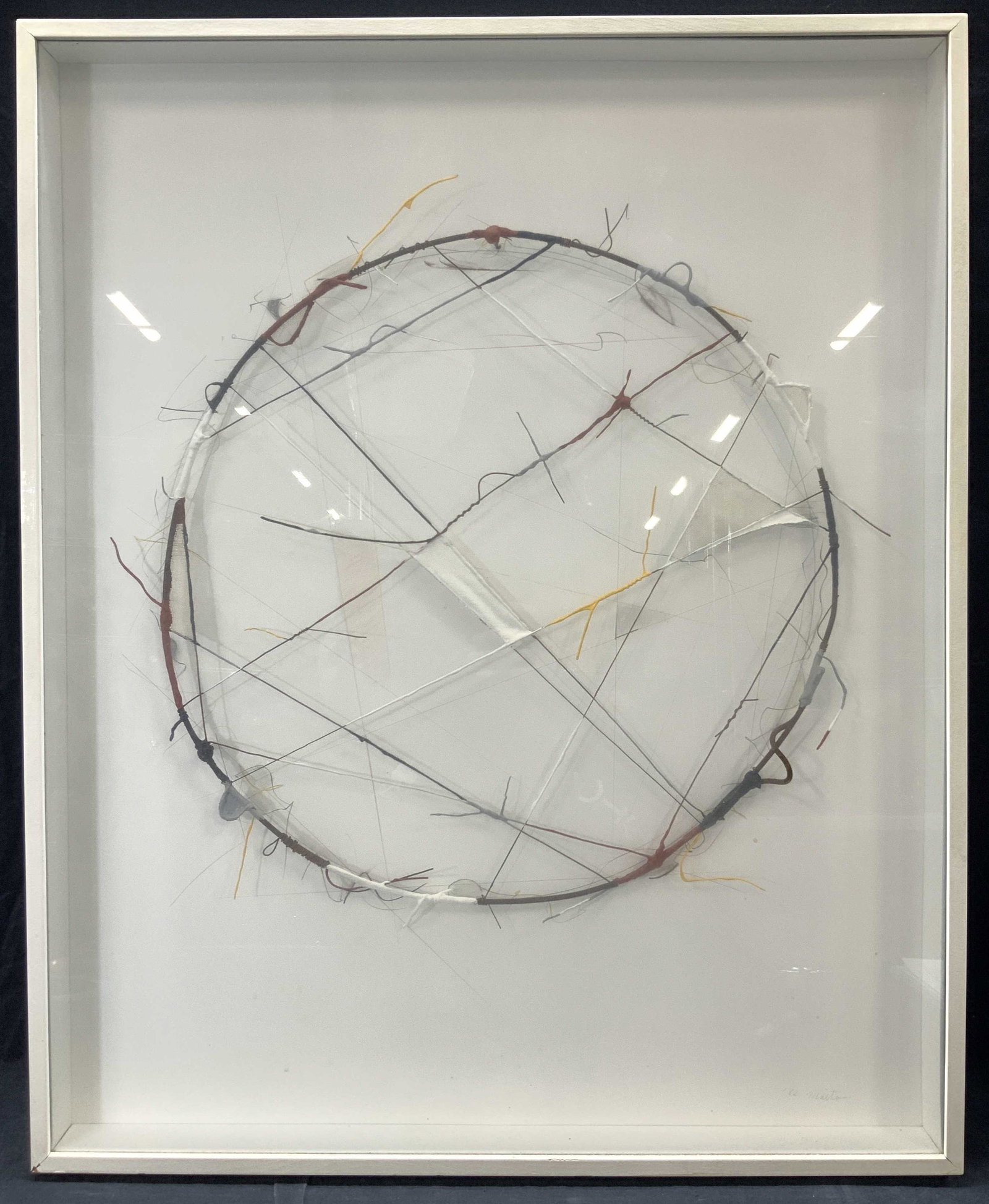 MAITA SIGNED Circle Metal Construction: Signed on lower right corner MAITA, and marked on backside, 1982, Branch Series, MAITA. No. 1 Depicts a raised circular form made of twisted metal and wires with various colors throughout. Framed in w