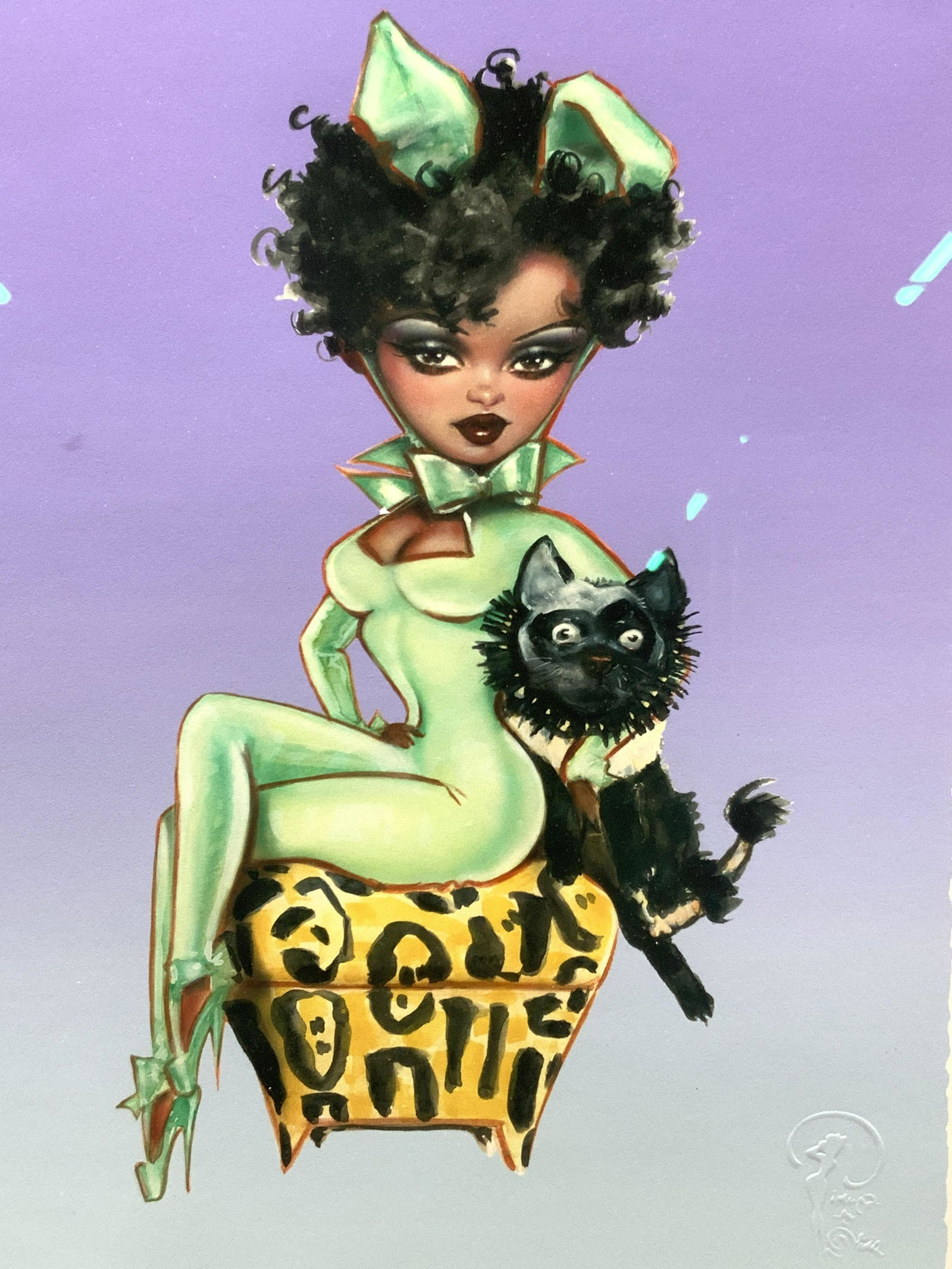 Olivia De Berardinis Stamped Pin Up Silk Screen: Embossed on lower right corner with Olivia watermark Subject depicts a woman sitting on a cheetah print ottoman in a green latex body suit with animal ears of the same color holding a black dog in her