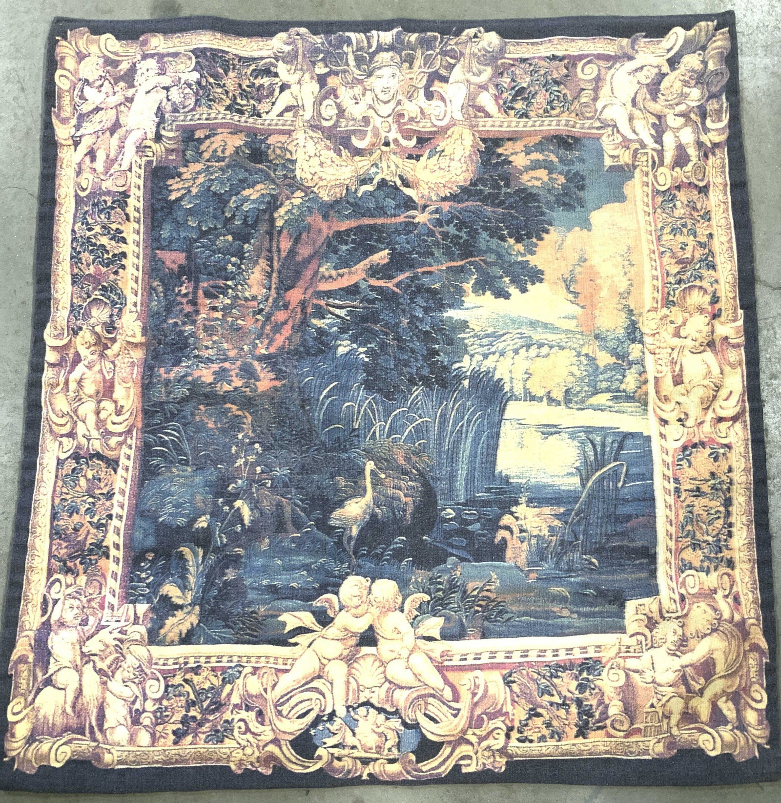 Dream D Art Verdure au Cygne Wall Tapestry Belgium: Dream Manufacture D Art Jacquard Cotton Tapestry of reproduction Verdure AU Cygne . After the original by Aubusson , dating c. 1750. Made in Belgium . Ca. 1999. Measures 51.18 x 51.97 inches. Manufact