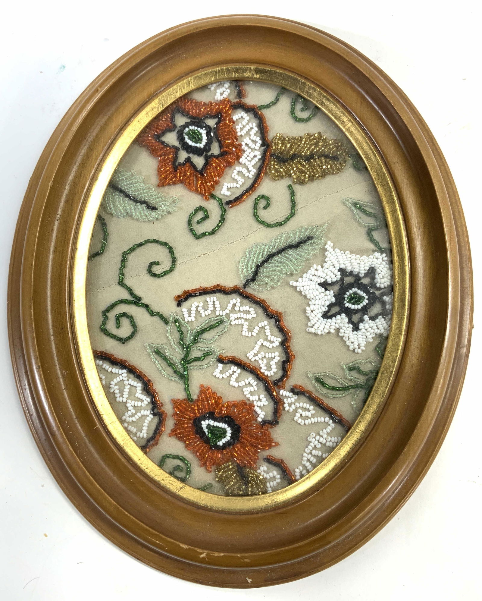 Beaded Floral Artwork In Oval Wooden Frame (1 of 6)