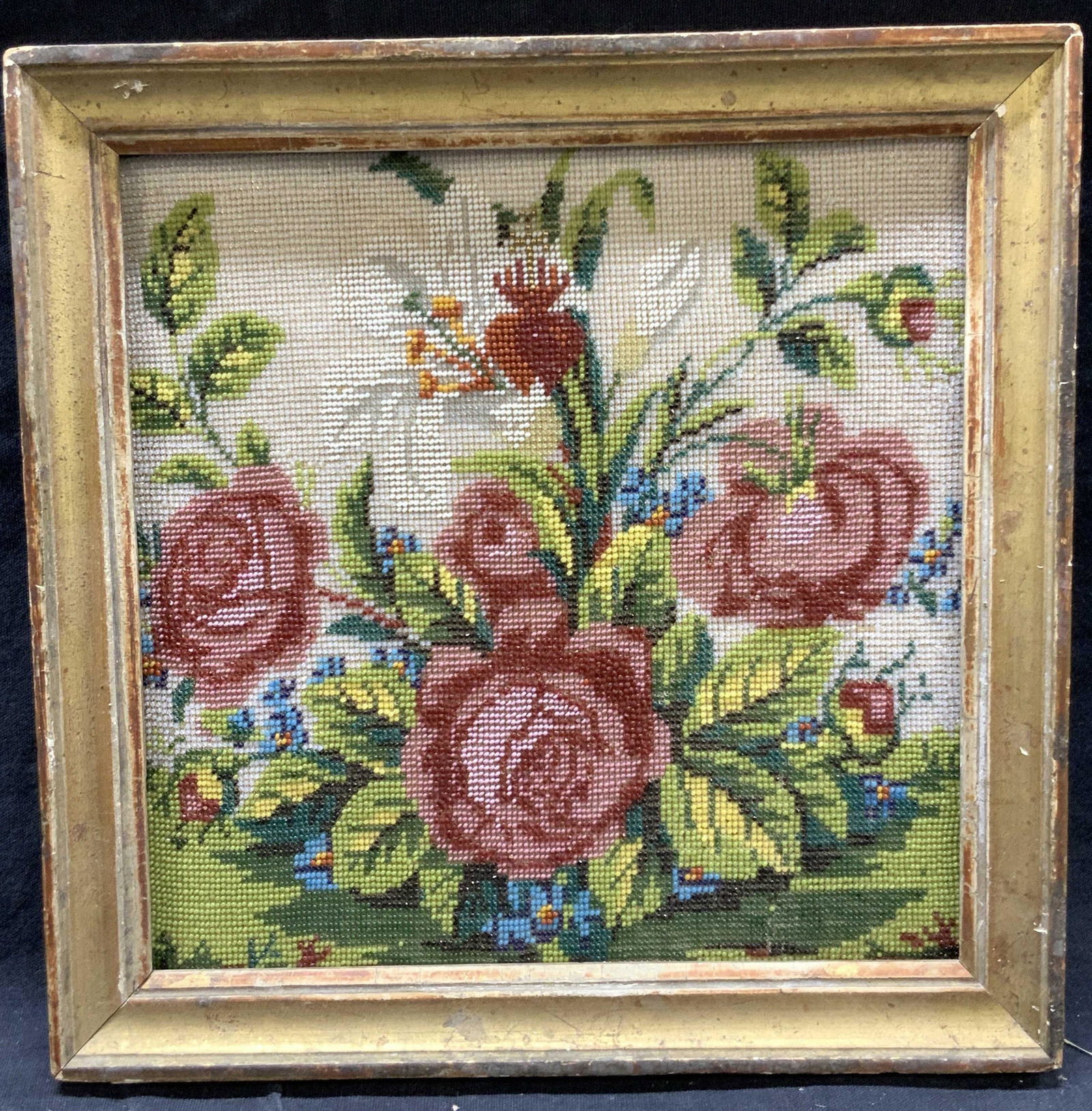 Vintage Seed Bead Embroidery Art: Vintage embroidery art with seed beads. Depicting a cluster of flowers.Framed in light toned wooden frame with worn gilding to woodApproximately 8.5 x 8.5 inches window measures 7 x 7 inches. Some min