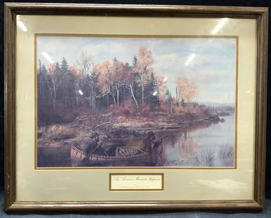 Arthur Fitzwilliam Hunting Lithograph: Marked on lower center Arthur Fitzwilliam Tait, 1880. An Anxious Moment Suspense. Depicts two men in a canoe going down stream towards laying deer in the distance. Framed in dark wooden frame its off