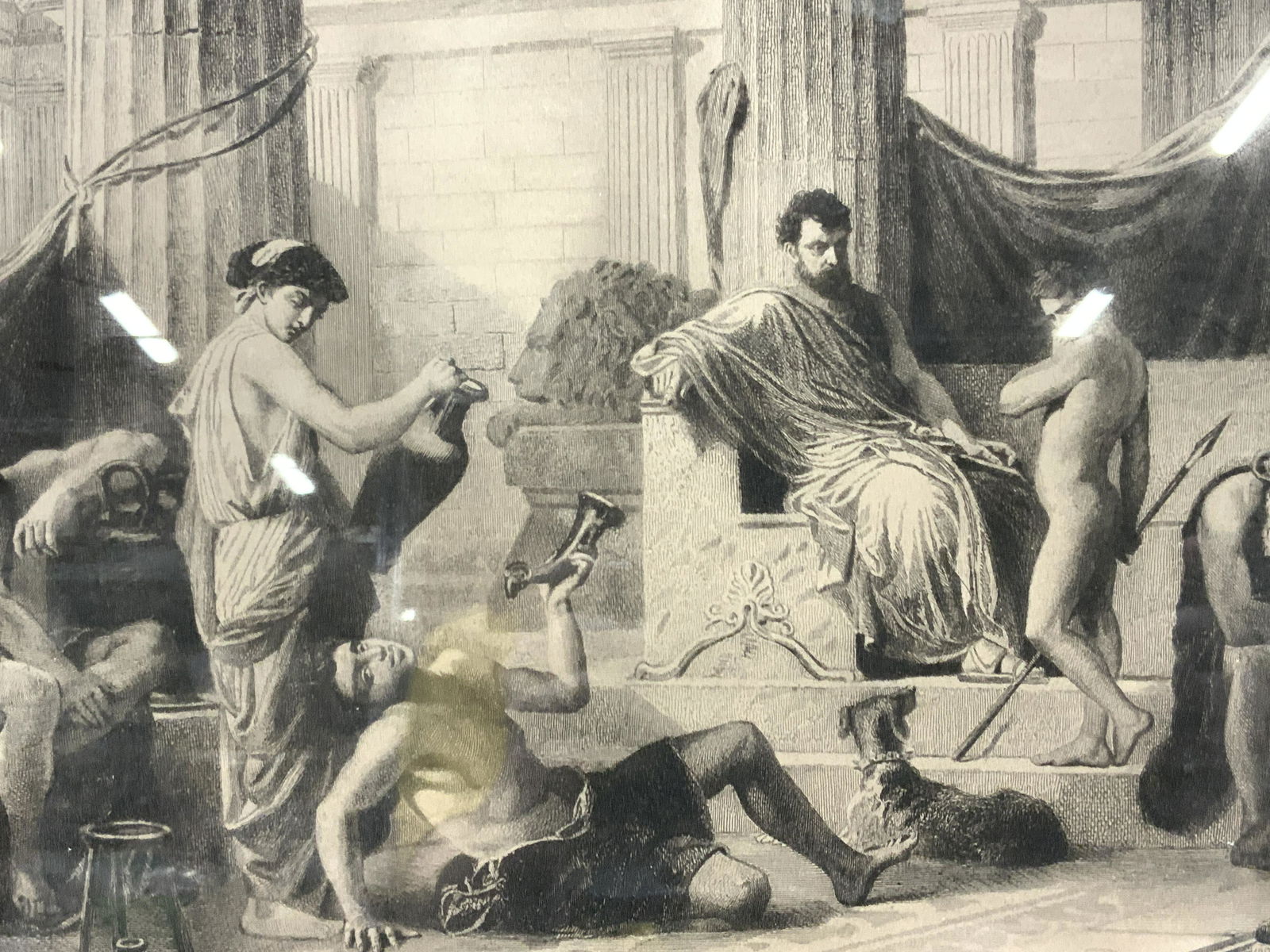 J.S.King The Spartans Temperance Lesson Etching: Marked on lower center The Spartans Temperance Lesson, Copyright 1887 by Gebbie & Co. Depicts the Spartans drinking and laying on the floor while a robe clad man on a stone seat looks at a nude man. F