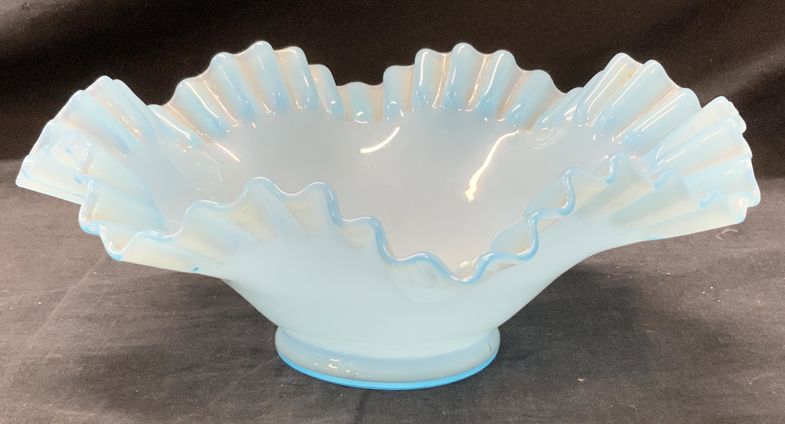 Blue Opaline Handkerchief Glass Bowl: 10 x 4.5 in. Furled border and edge blue opaline vintage glass bowl. Table centerpiece, opaline glass, handkerchief bowl, Vintage colored glassware, Fruit bowl, Collectible opaline glass, Bowl, Decora