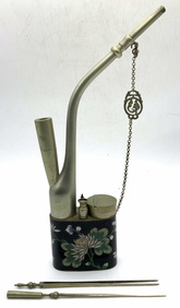 Cloisonne & Paktong Chinese Water Pipe - Ca 1900 Cloisonne & Paktong Chinese Water Pipe - Ca 1900