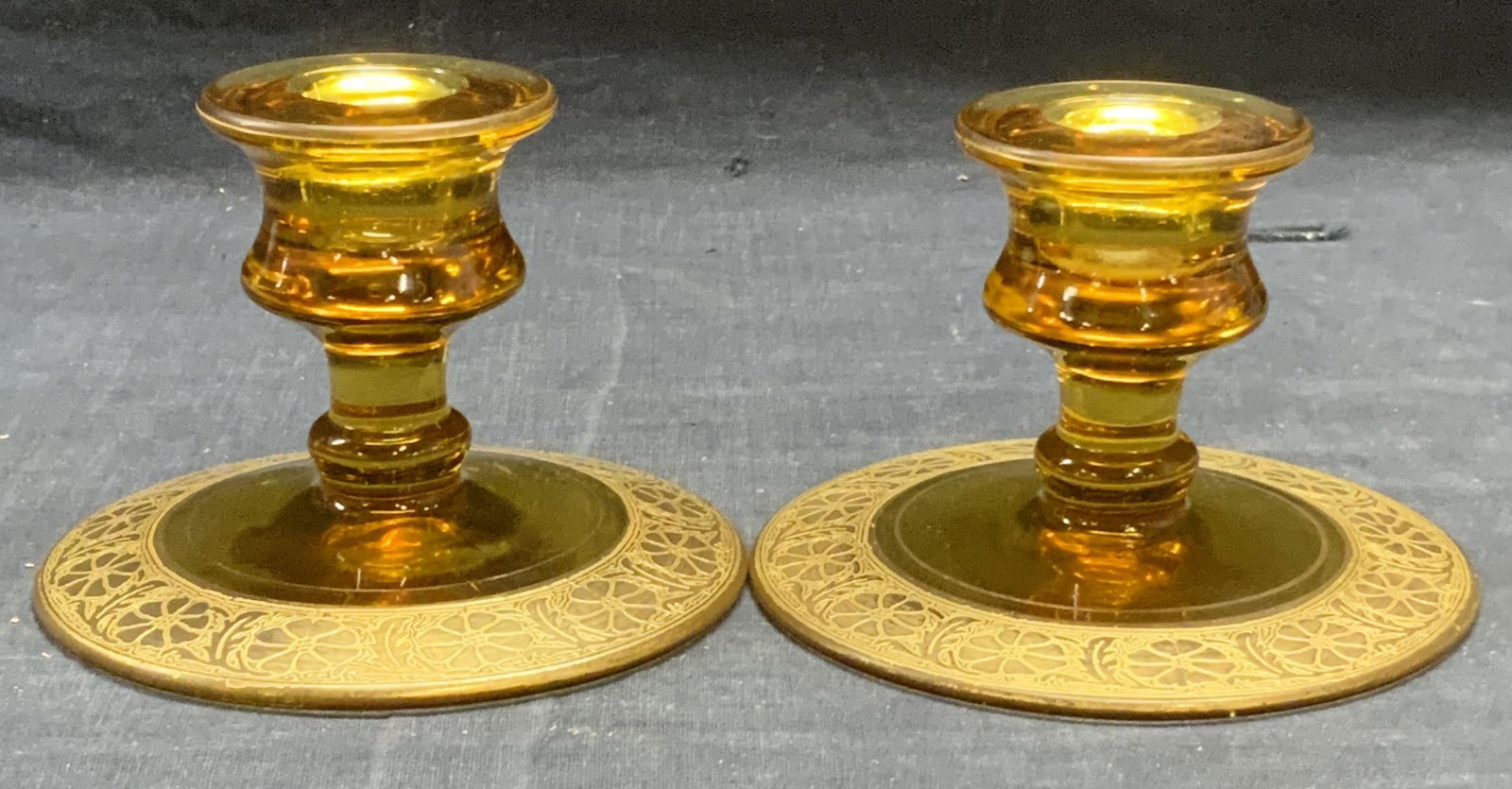 Pair Gilt Amber Art Glass Candlesticks (1 of 8)