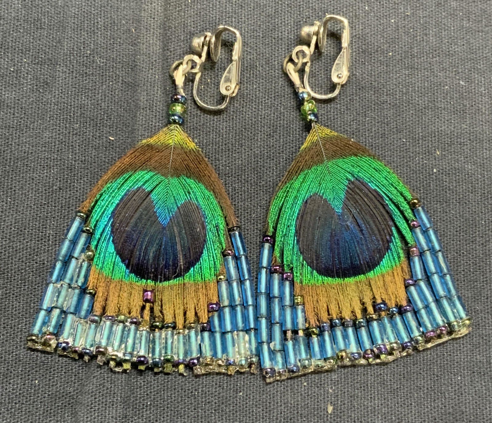 Beaded Blue/Green Peacock Clip On Earrings (1 of 7)