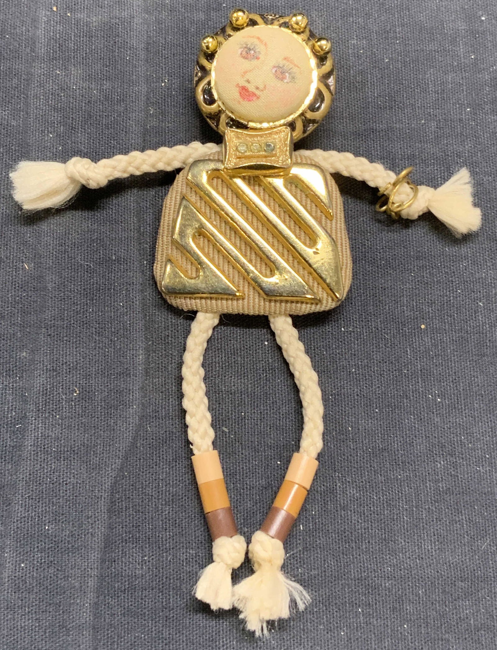 Folk Art Figural Fabric Gold Tone Brooch (1 of 6)