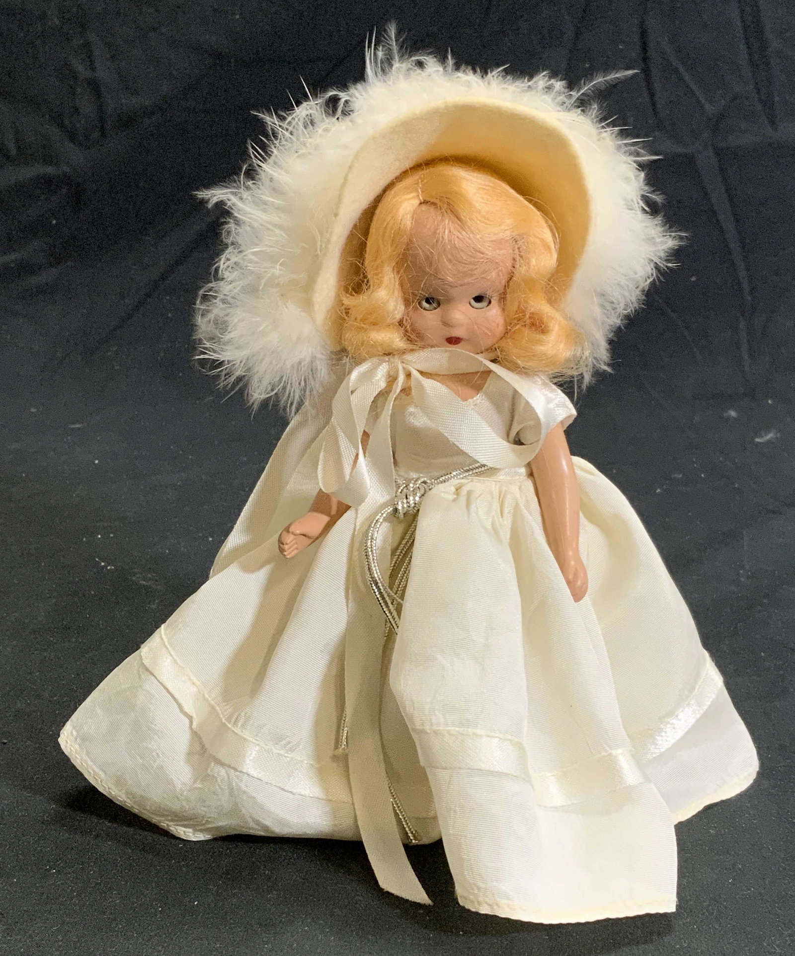 Vintage NANCY ANN Storybook Doll #93 Winter: Nancy Ann Storybook Doll #93 Winter. Plastic and fabric. Trademarked to plastic. Surface wear consistent with exposure. Doll measures approx. 6 inches long. Box measures approx. 7 x 7 x 3 inches. Vint