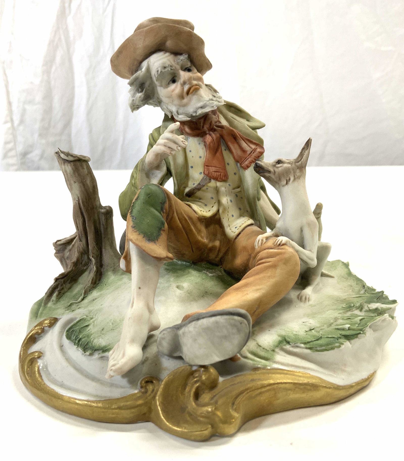 Signed Porcelain Hobo W Dog ITALY: Underside is signed illegibly, possibly CAPODIMONTE. Underside also reads MADE IN ITALY. Piece is porcelain. Depicts a seated elderly male figure with dog next to a stump. Piece measures approx 4.5 in