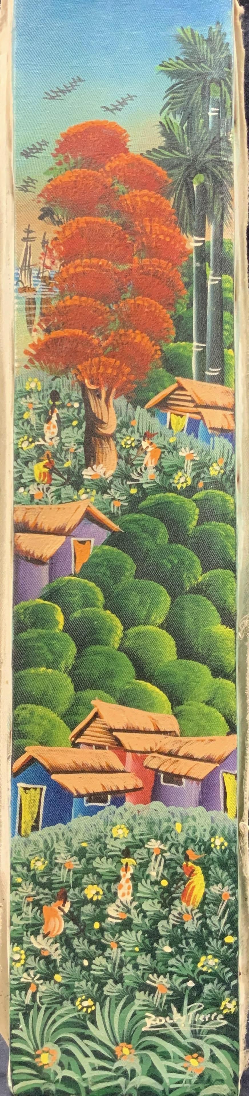 Rocky Pierre Signed Landscape Acrylic Painting: Signed on lower right corner Rocky Pierre Subject depicts a vertical landscape of a village, possibly a Haitian village in vibrant colors No frame, Approximately 29.75 x 6 inches. Evident fraying to c