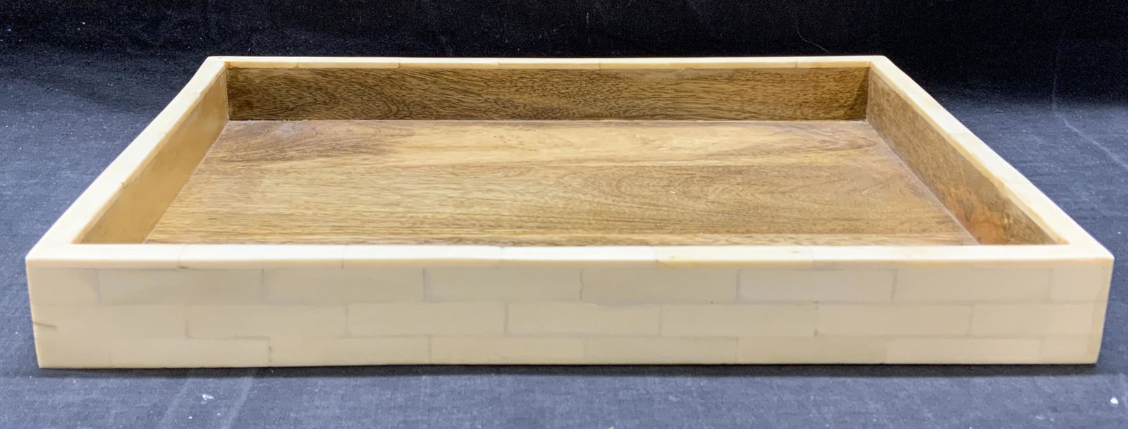 WEST ELM Bone & Wood Table Top Tray: West Elm bone and wood table top tray. Trademarked to underside. Surface wear consistent with exposure. Measures approx. 14.25 x 10.5 x 1 5/8 inches. Some surface wear consistent with exposure. Proper