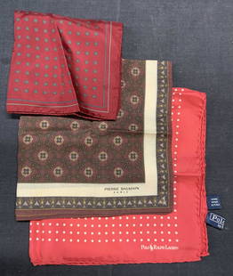 Lot 3 BALMAIN, RALPH LAUREN, More, Handkerchiefs: Lot of 3 silk and cotton handkerchiefs. Pierre BALMAIN burgundy graphic print handkerchief, material feels like cotton, designer label printed to lower right corner, measures approx. 17 x 18 inches, s