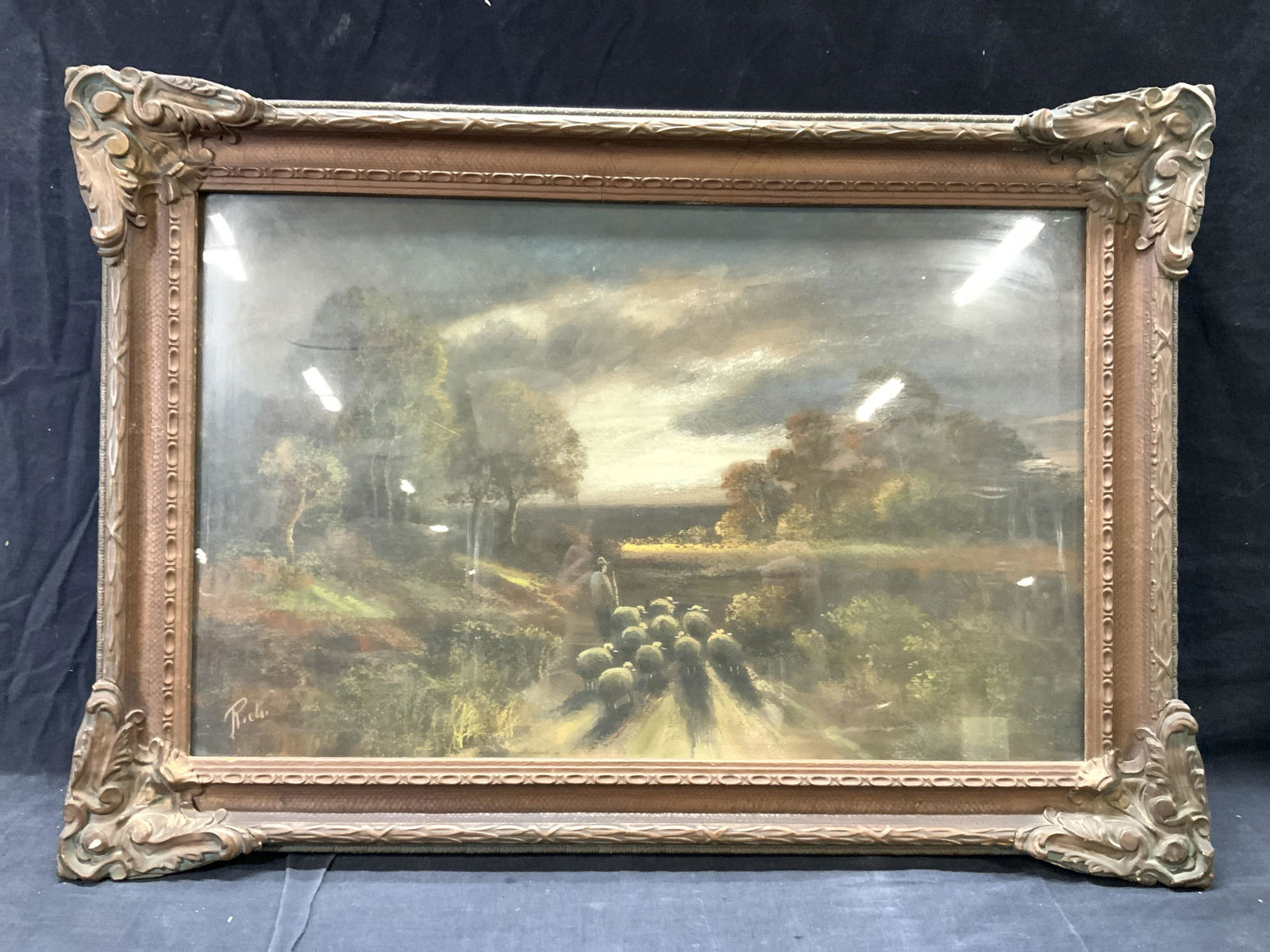 Signed Farmer W Sheep Herd Pastel Art (1 of 10)