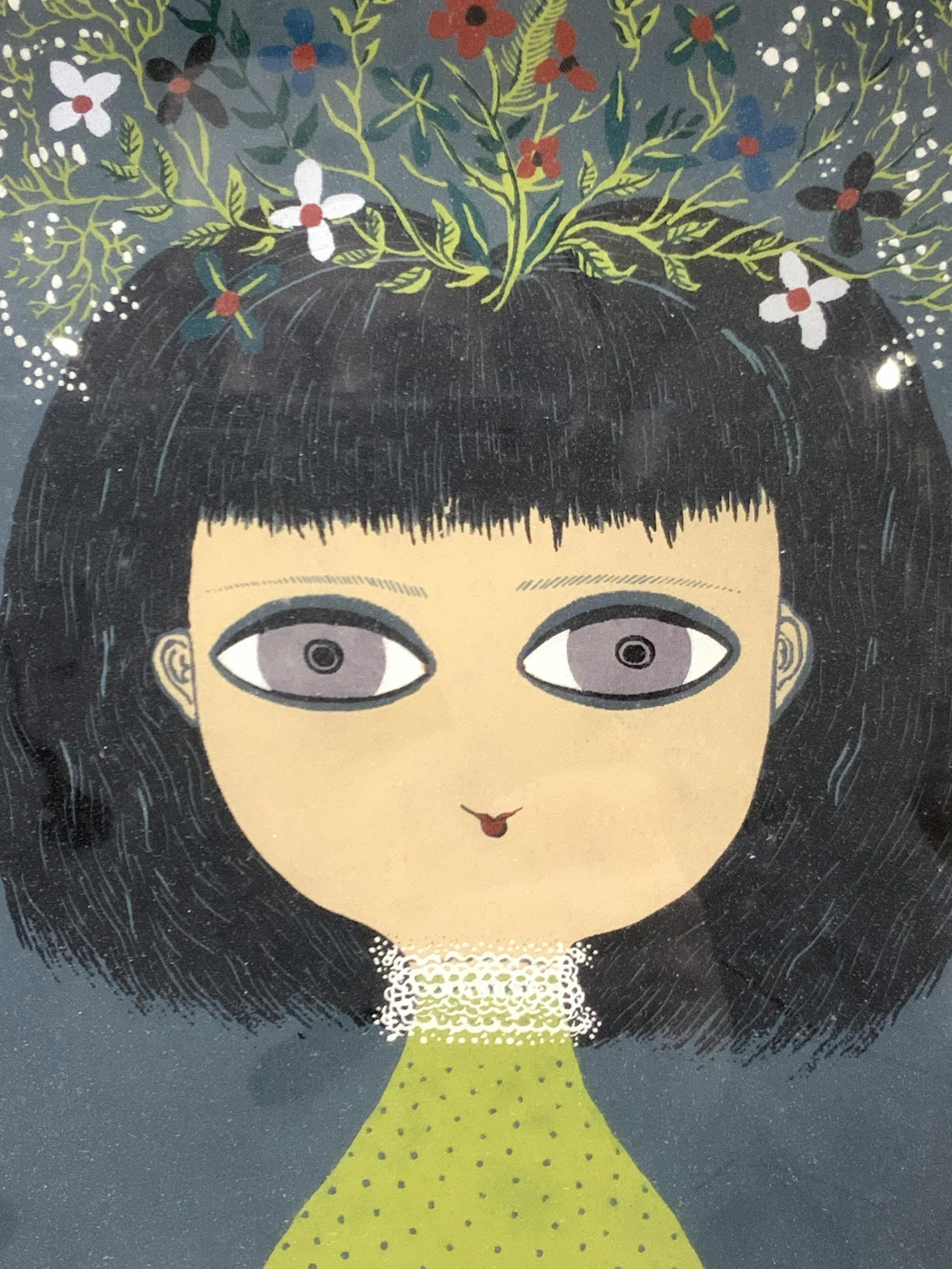 Modern Silk Screen Young Girl Book Illustration: Marked Jane on lower right corner. Illustration from a Modern Silk Screen Printing, published by Pied Piper Press, New York, 1949 Depicts a young girl with black hair with flowers on her head. Framed 