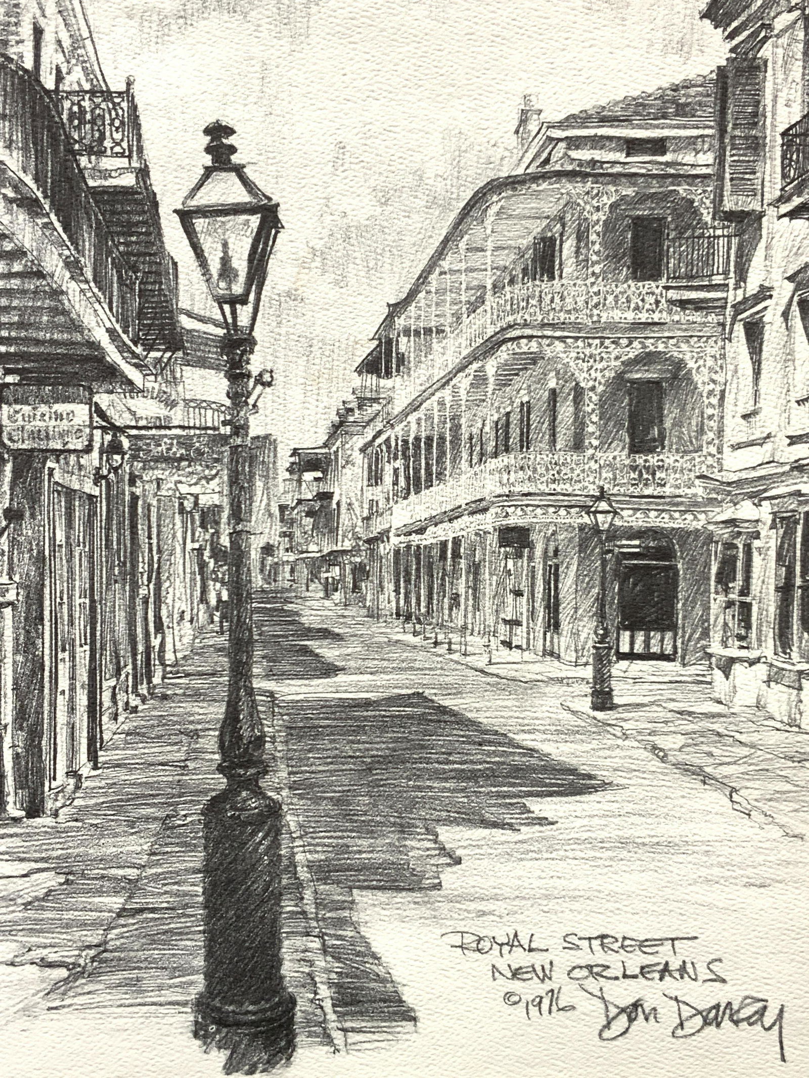 Don Davey Royal Street New Orleans Lithograph: Marked on lower right corner Royal Street New Orleans 1976 Don Davey Depicts Royal street in a graphite drawing litho No frame, comes with back cardboard and black mat board. Approximately 16 x 13 inc