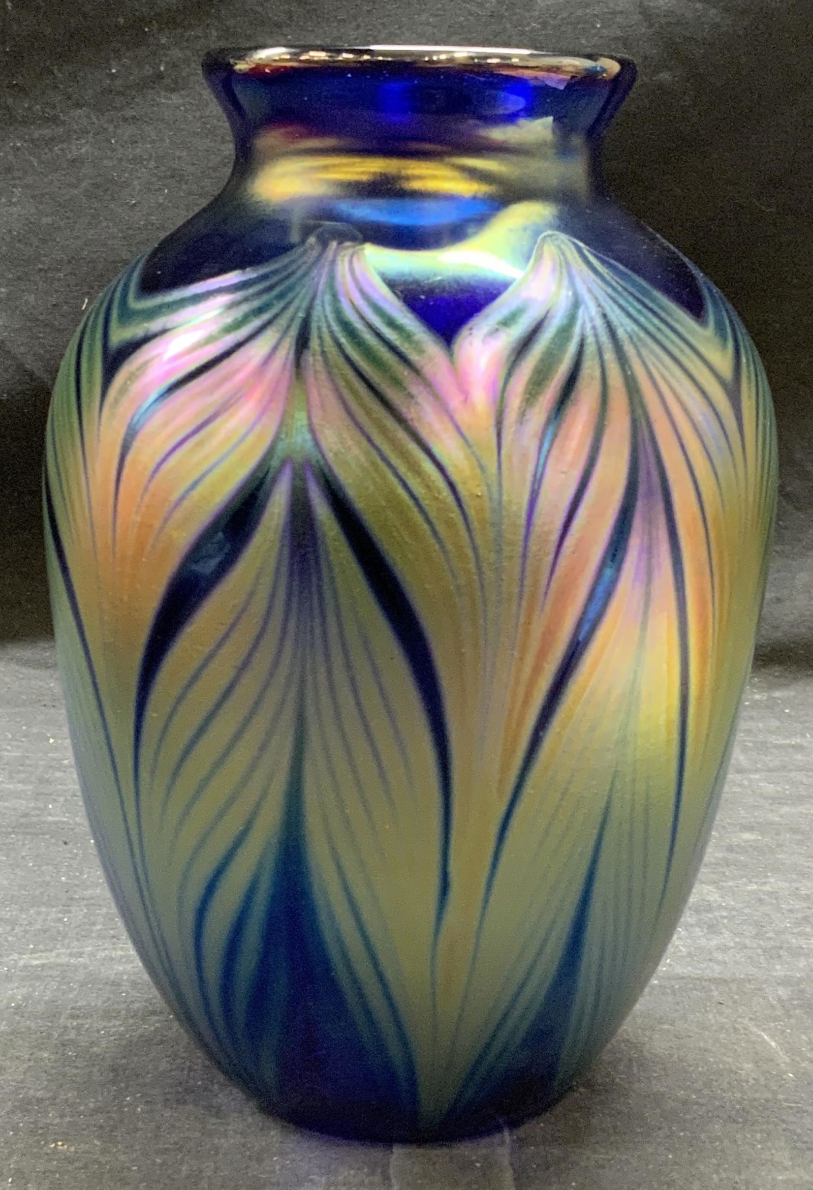Signed Iridescent Feather Pull Art Glass Vase (1 of 7)