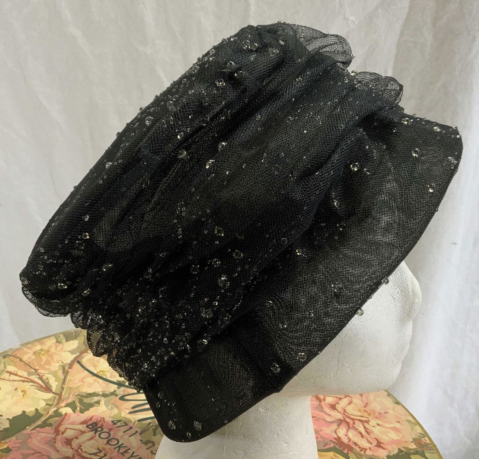 Handmade Black Netted Dew Drop Hat with Box (1 of 9)