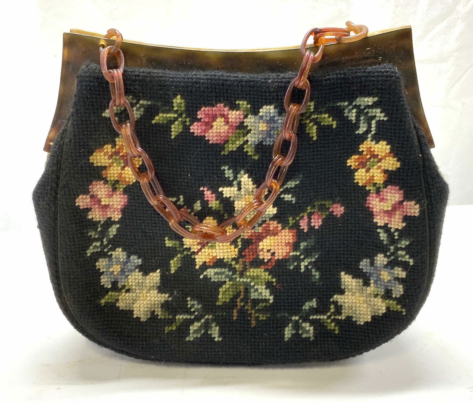 Vintage Black Floral Needlepoint Handbag (1 of 7)
