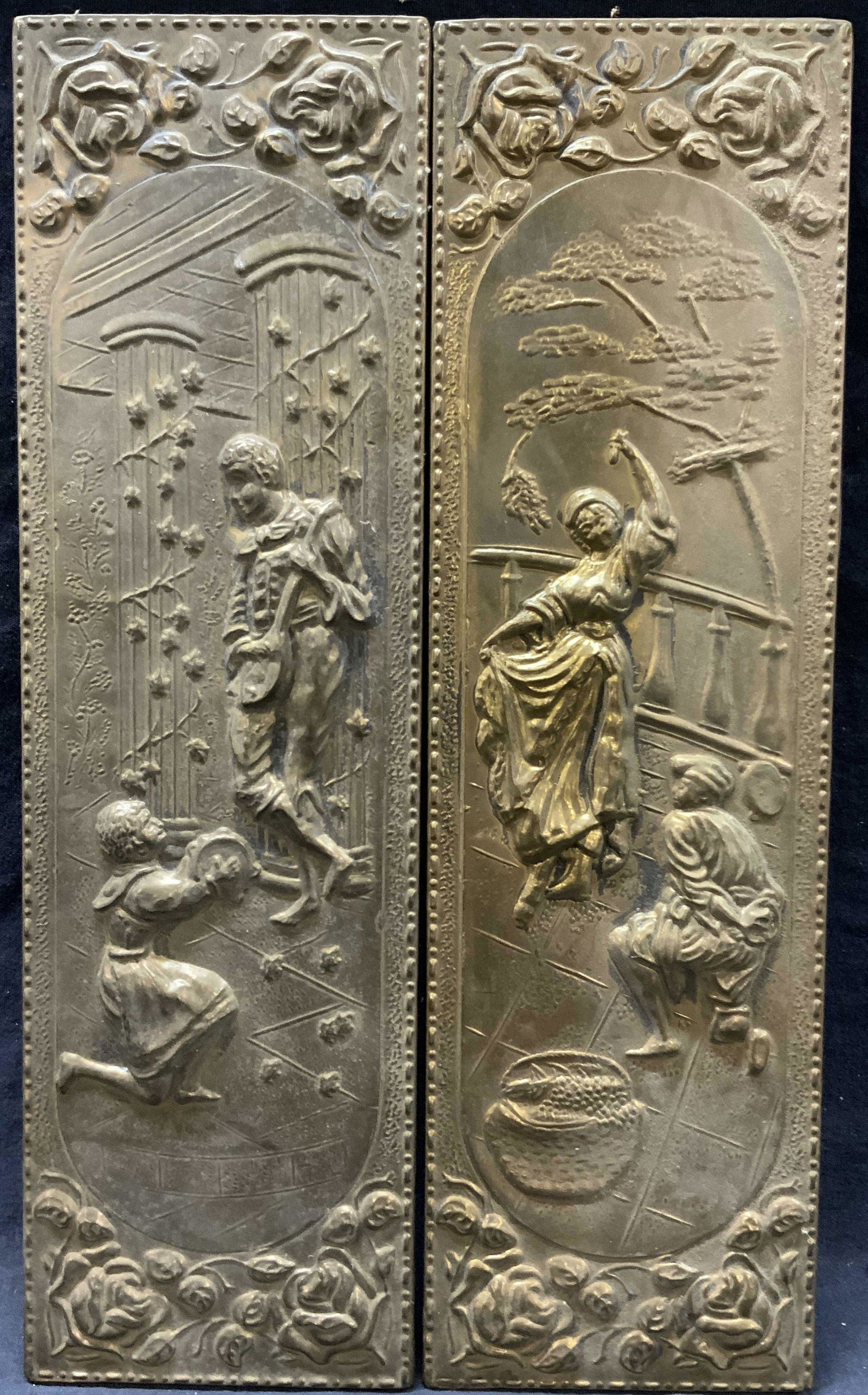 Pair Vintage Embossed Brass Wall Plaques England (1 of 7)