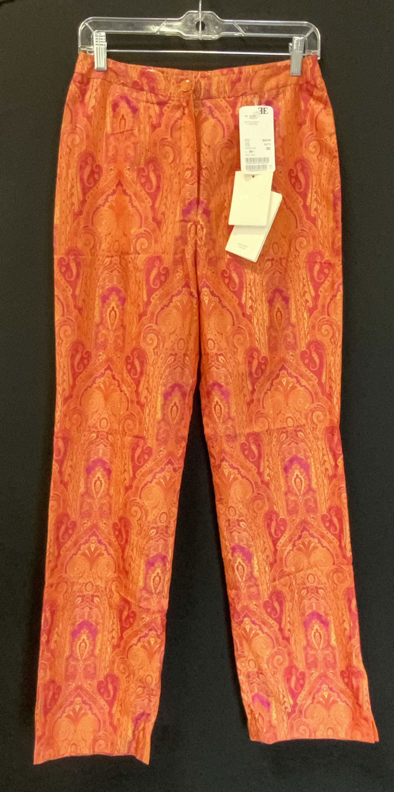 ESCADA Pink/Orange Luxe Silk Pants NWT Germany: ESCADA ladies luxury silk straight leg pants in orange and pink with scroll pattern. Size 36. New with tags. Original retail price marked $1,035.00. Inseam measures approx. 32 inches. Made in Germany.