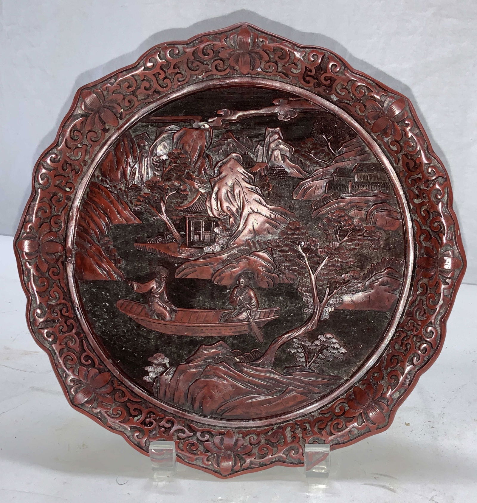 Cinnabar Style Carved Lacquer Resin Display Plate (1 of 7)